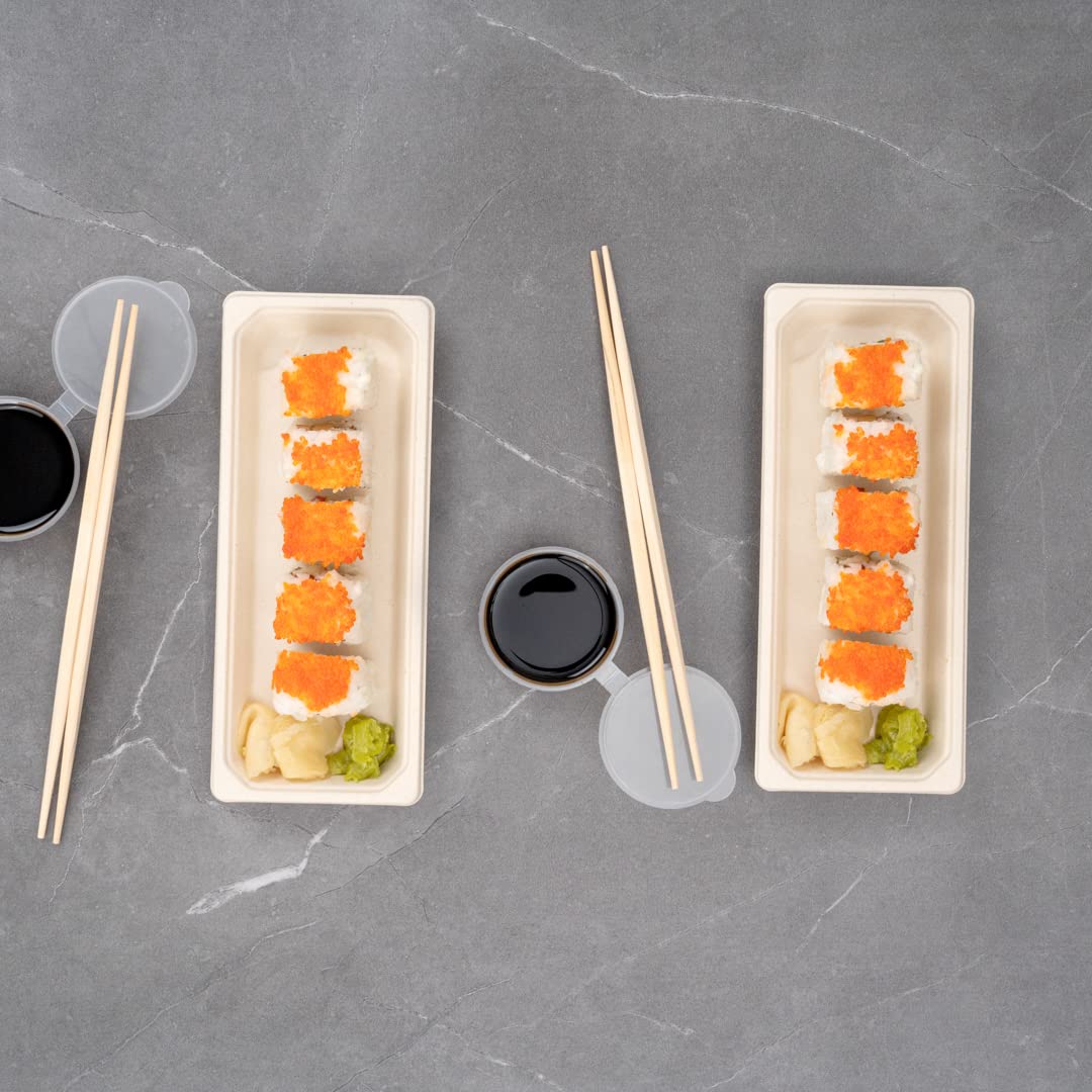 Eco-Friendly 8.7 x 3.5 Inch Microwavable Bagasse Sushi Trays - 100-Pack Sugarcane Fiber Dishes, Freezer Safe (Lids Sold Separately) | Perfect for Restaurants, Catering & Home Sushi Parties