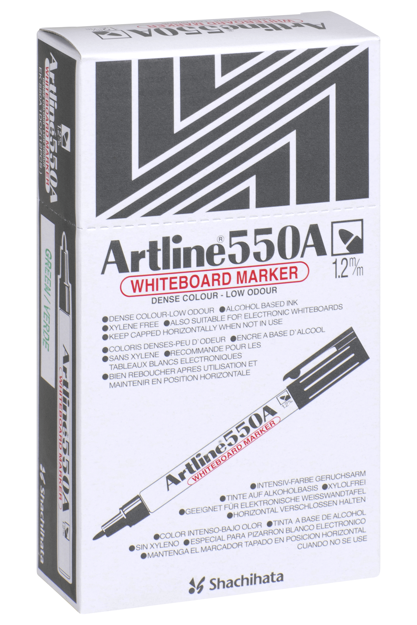 Artline 550A Whiteboard Markers - 12 Pack Green Bullet Tip 1.2mm Fine Point Dry Erase Markers for Office, Classroom & Home Use