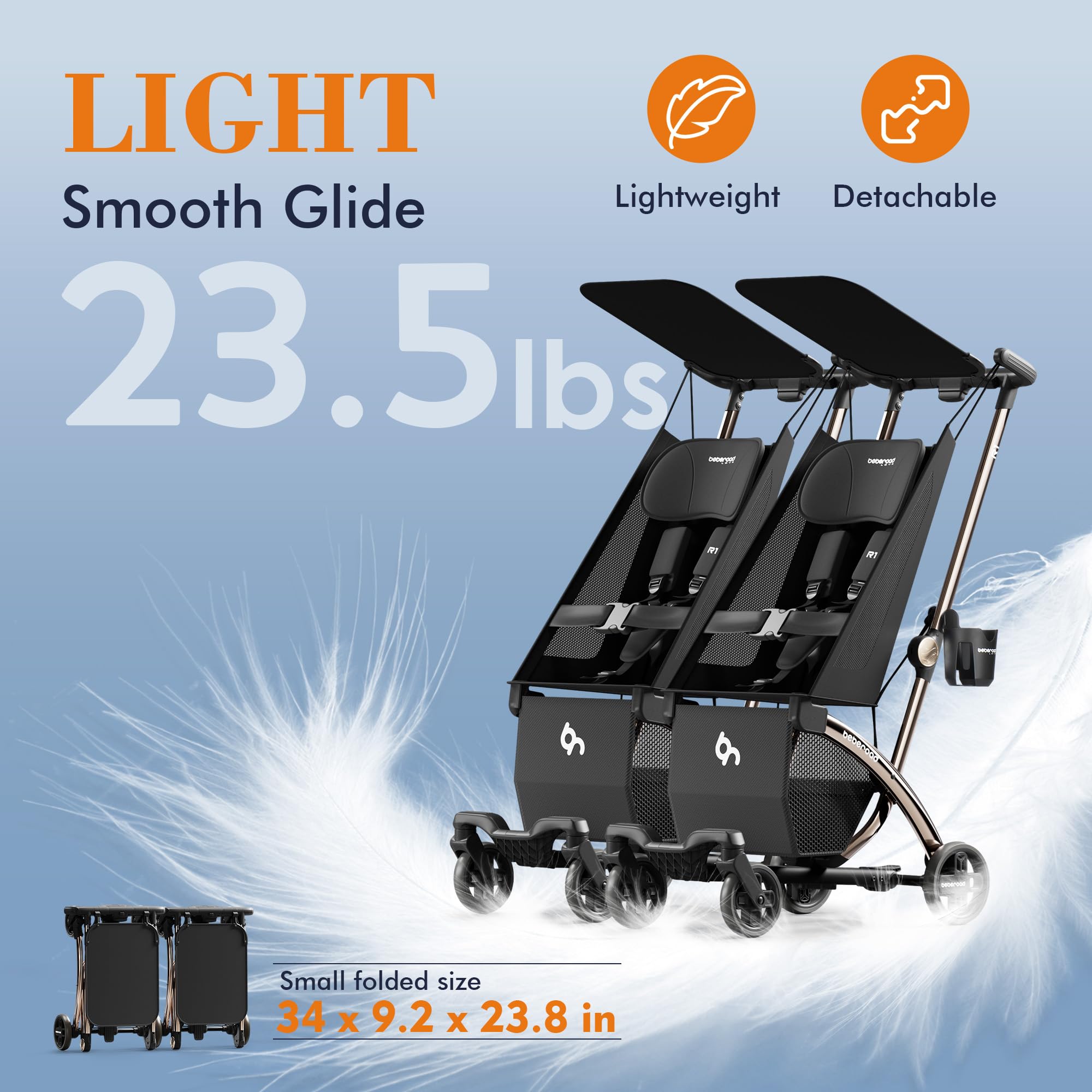 Beberoad Love R1 Auto-Folding Ultra Lightweight Double Stroller for Twins & Siblings (6-36 Months) - 23.5 lbs Side by Side Stroller, Converts to 2 Single Strollers - Perfect for Travel, Shopping & Outdoor Walks - Black