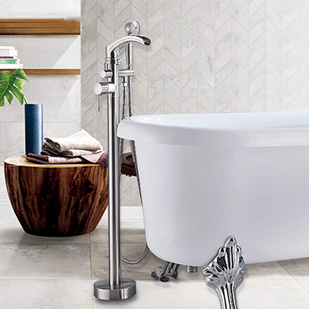 Freestanding Bathtub Faucet Set - Brass Waterfall Tub Filler with Single Handle Floor Mount & Handheld Shower | Brushed Nickel Finish | Hot & Cold Water Mixer Tap for Modern Bathroom & Spa Relaxation