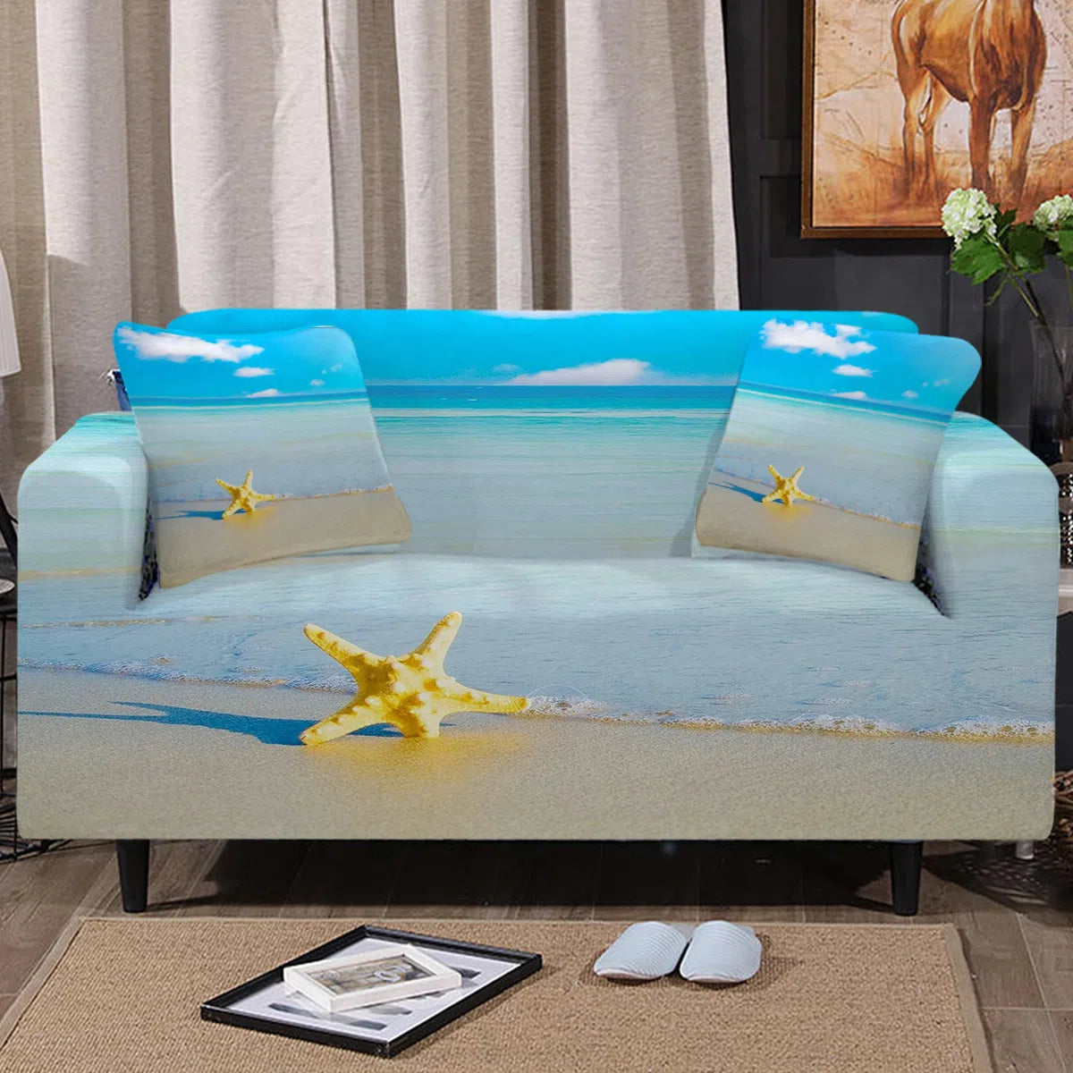 Beach Please Couch Cover - Soft Stretch Sofa Slipcover for Living Room, Washable Furniture Protector - Perfect for Home Decor, Pet Owners & Coastal Style