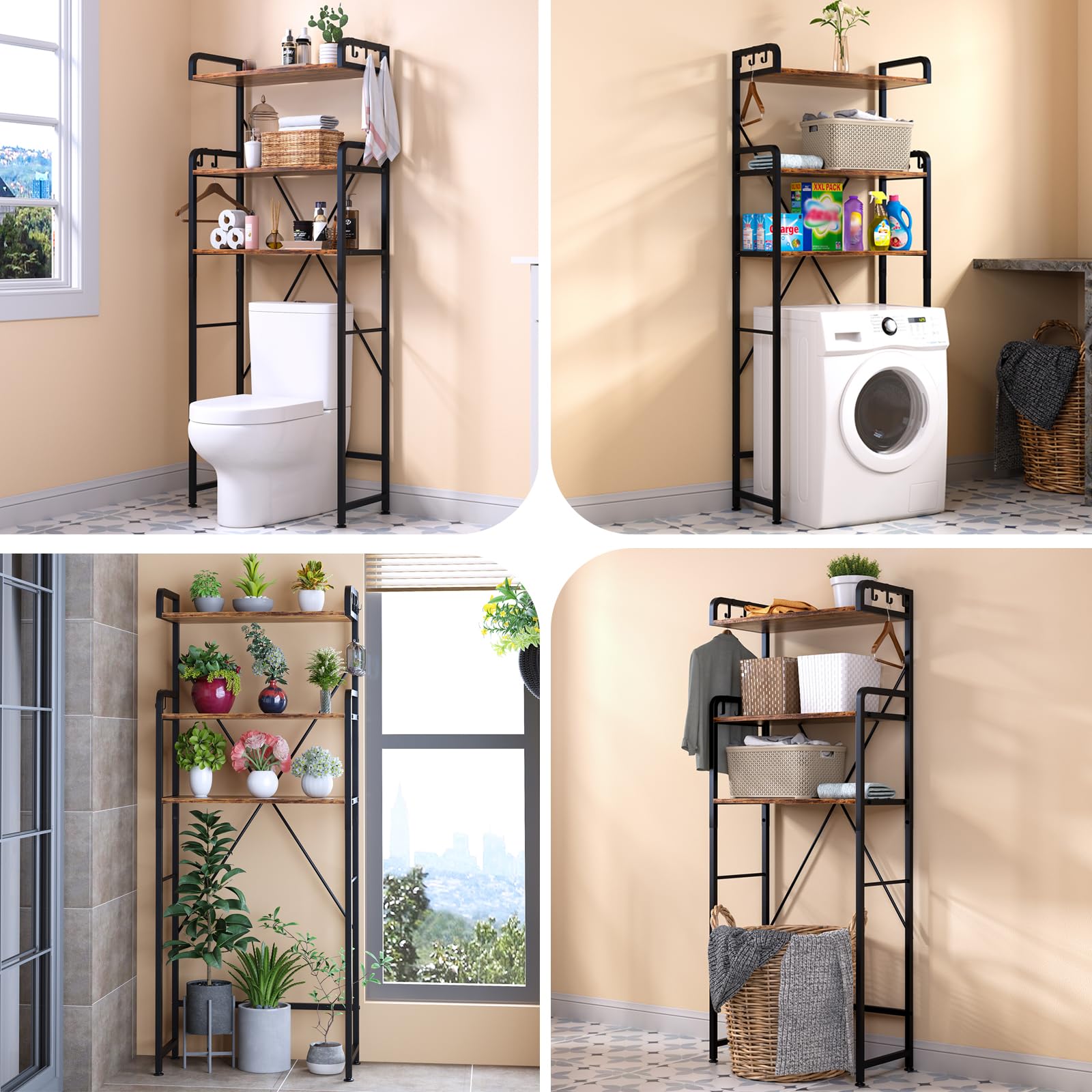 3-Tier Over The Toilet Storage Rack with Shelves & Hooks - Space Saving Bathroom Organizer for Towels, Toiletries & Decor (Rustic Brown) - Perfect for Small Bathrooms, Apartments & Powder Rooms