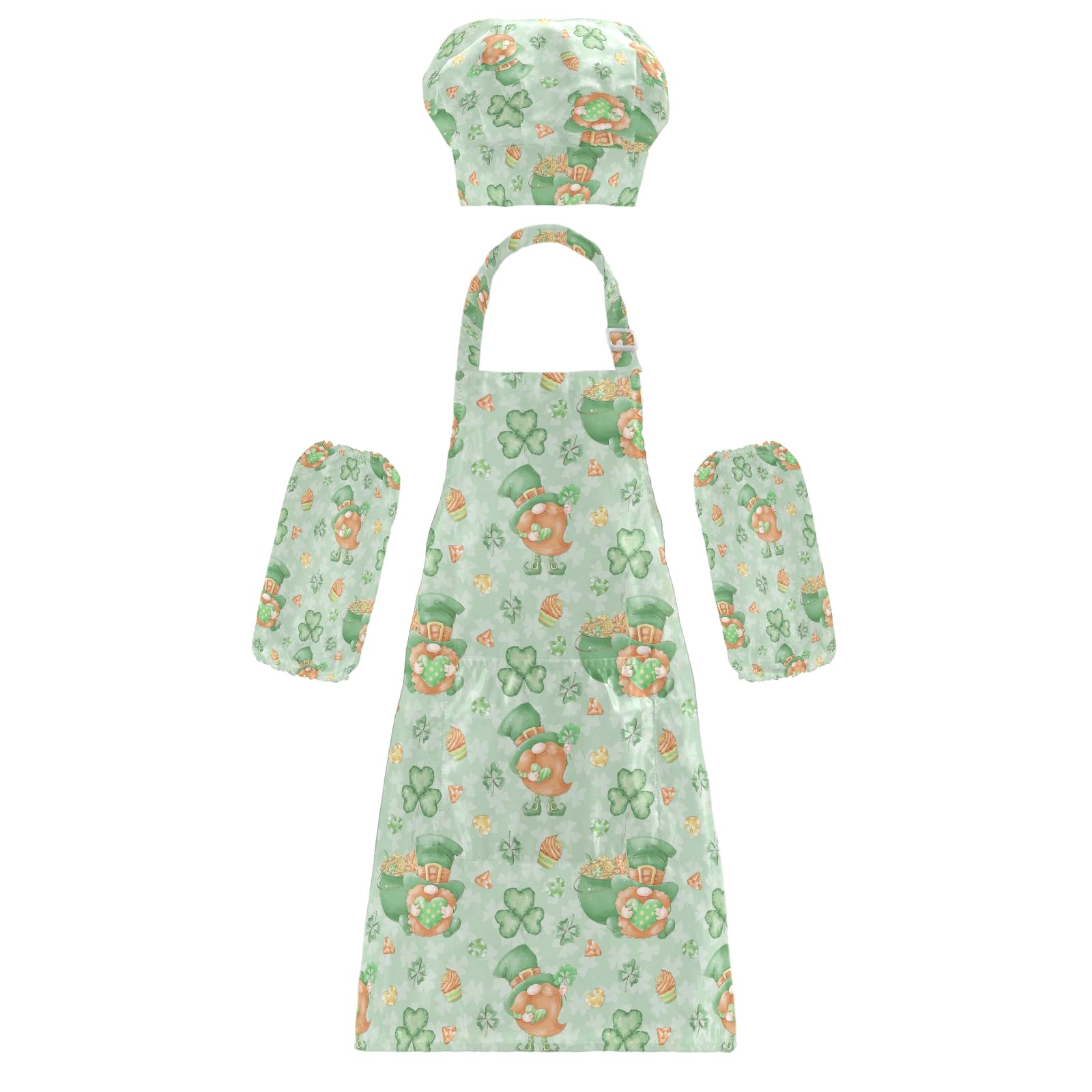 Cute Gnome Easter Spring Doodle Kids Chef Apron Set with Hat & Sleeves - Cooking, Baking, Painting & Crafting for Children - Perfect for Easter, Spring Activities & DIY Projects