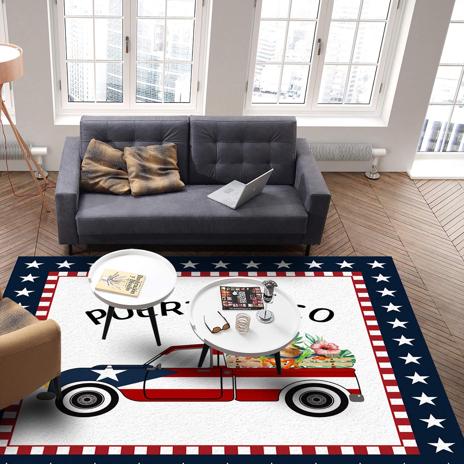 5'x8' Washable Area Runner Rug - Blue Star Border Farm Truck Frog Floral Design for Indoor/Outdoor Use | Perfect for Kitchen, Living Room, Bathroom, Bedroom, Classroom & Laundry Room | Non-Slip Doormat & Desk Mat