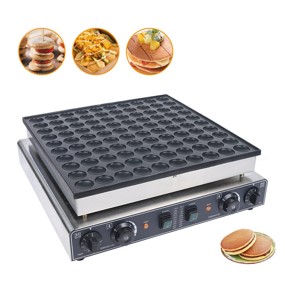 Commercial Mini Pancake Maker - 100Holes 1.8inch 3400W Electric Dutch Poffertjes Machine with Nonstick Surface & Adjustable Temp 50-300°C (122-572°F) - Perfect for Snack Bars, Restaurants, Breakfast Cafes & Home Cooking