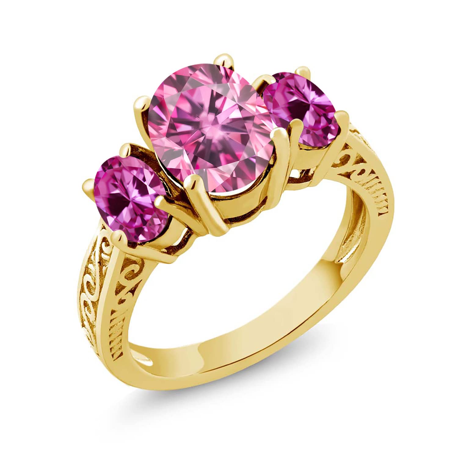 18K Yellow Gold Plated Silver 3-Stone Ring with Oval Pink Moissanite & Sapphire (3.00 CTTW) - Elegant Jewelry for Engagement, Anniversary & Special Occasions