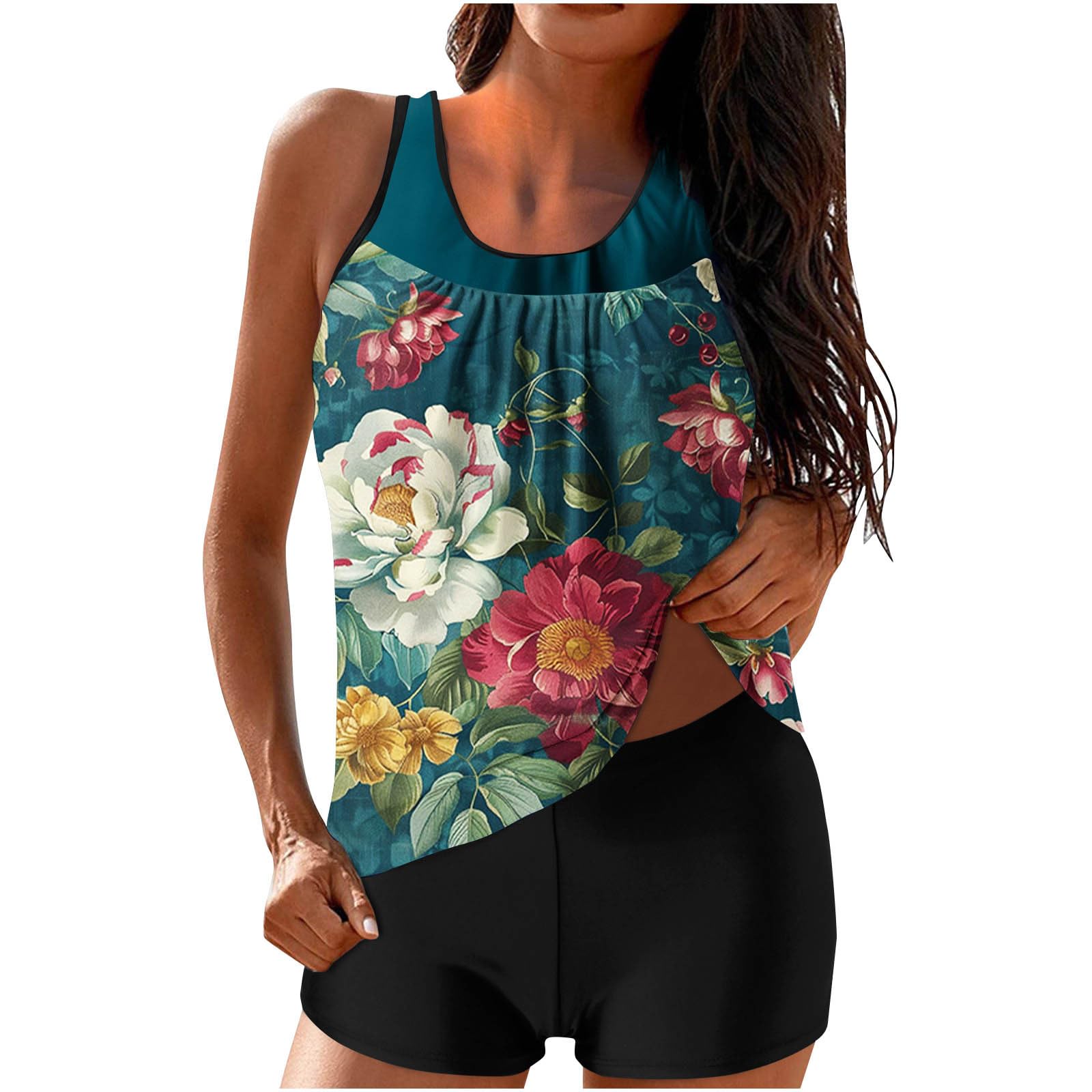 2024 Women's Tummy Control Tankini Swimsuits with Ruched Detail & Boy Shorts - Blouson Two Piece Bathing Suits for Beach, Pool & Vacation