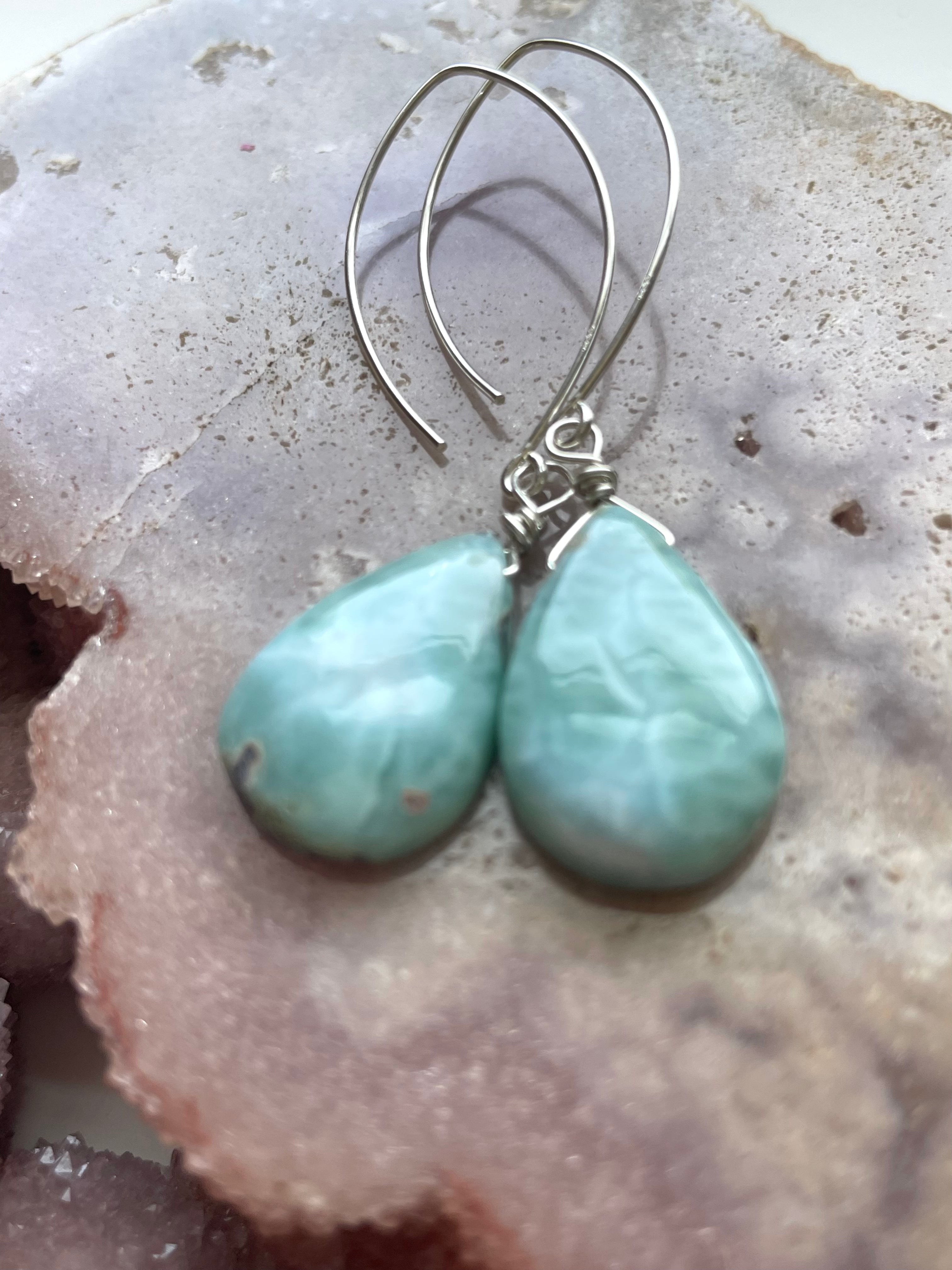 Long Larimar Earrings Dangle Sterling Silver – Handmade Gemstone Jewelry for Women, Boho Chic Accessories | Perfect for Weddings, Parties & Everyday Wear
