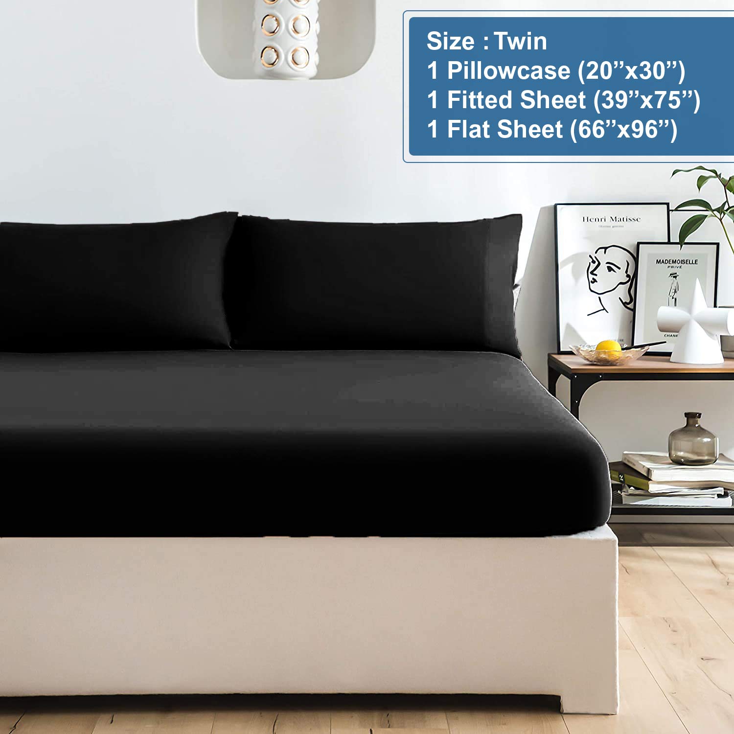 Luxury 100% Cotton Twin Jersey Sheet Set - Ultra Soft T-Shirt Material All Season Bedding - Deep Pocket Fitted Sheet (3Pc, Twin, Black) for Comfortable Sleep & Cozy Nights - Perfect for Guest Rooms, Dorms & Master Bedrooms