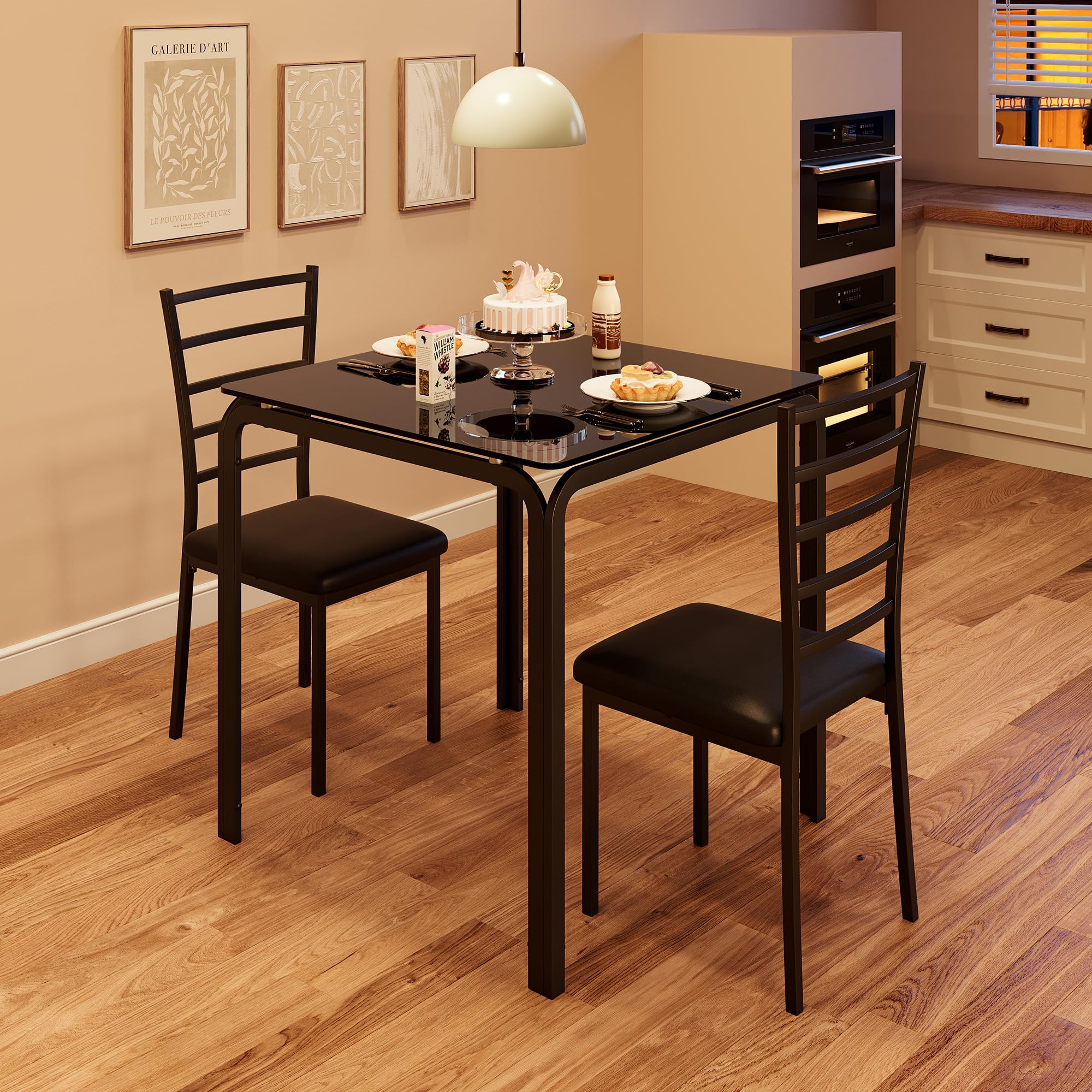 IDEALHOUSE 3-Piece Square Glass Dining Table Set for 2 - Compact Kitchen & Dinette Set with 2 Chairs - Perfect for Small Spaces, Apartments & Breakfast Nooks