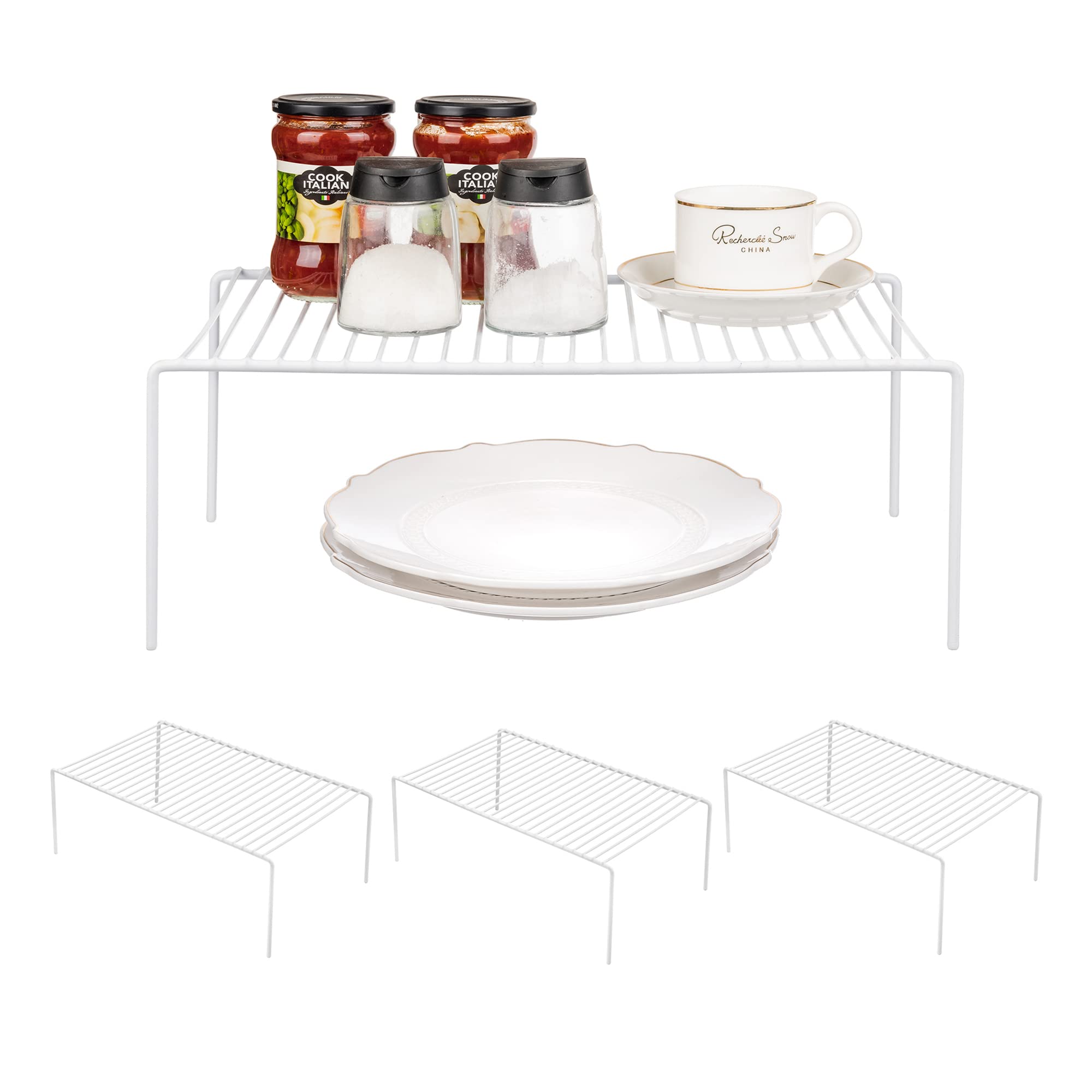 Redrubbit Large 15.7 x 9.4 Inch Rustproof Cabinet Storage Shelf Rack - Set of 4 | Space Saving Kitchen Organizer for Counter, Fridge, Pantry & Bathroom | Perfect for Spice Jars, Canned Goods & Toiletries