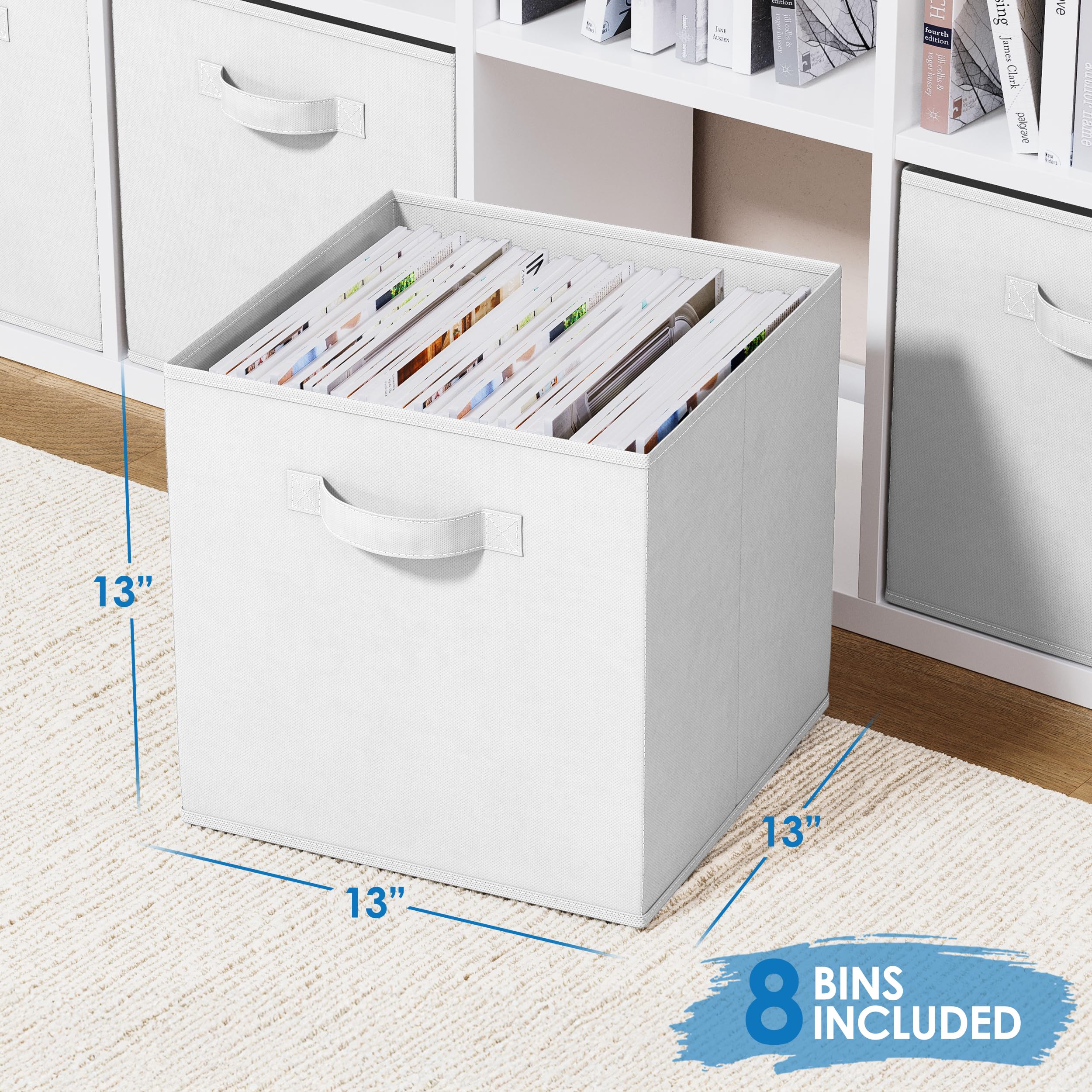 Heavy Duty Fabric Storage Cubes 8-Pack - 13 Inch White Cube Organizer Bins for Closet, Shelves & Cubbies - Perfect for Clothes, Toys & Home Organization