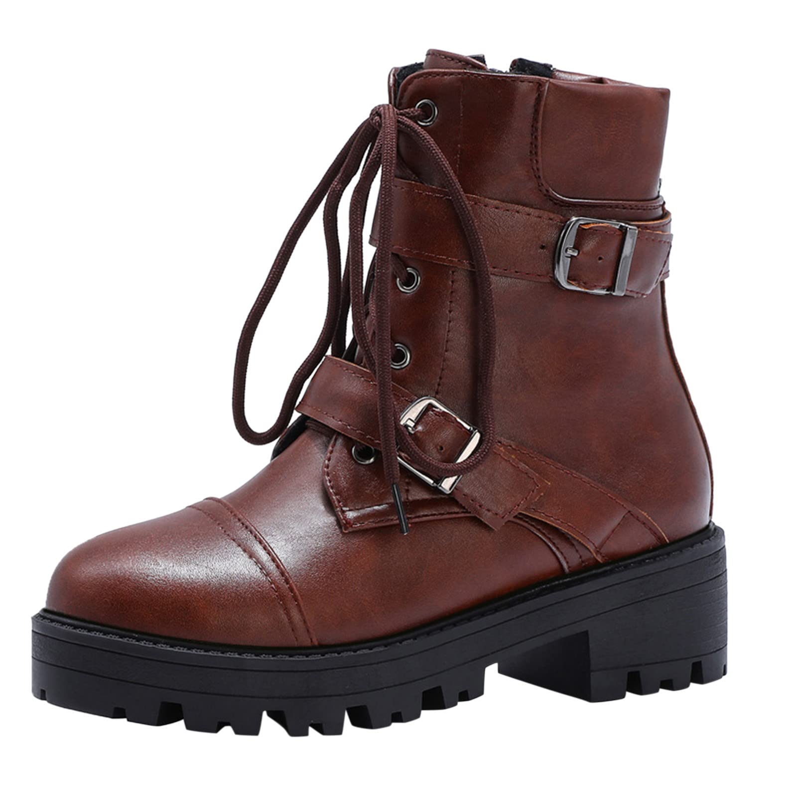 Women's Ankle Booties - No Heel Winter Boots with Buckle & Lace Detail | Soft Leather Short Boots with Fashion Belt & Embroidered Design | Perfect for Casual Outfits, Office Wear & Winter Fashion