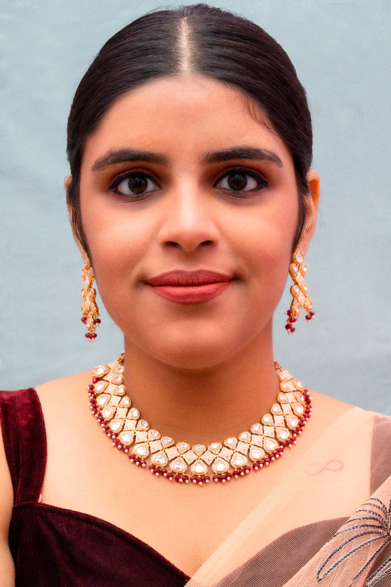 Luxury Gold Plated Royal Kundan Necklace and Earrings Set for Women - Indian Bridal Jewelry, Wedding Party Accessories, Ethnic Fashion Statement