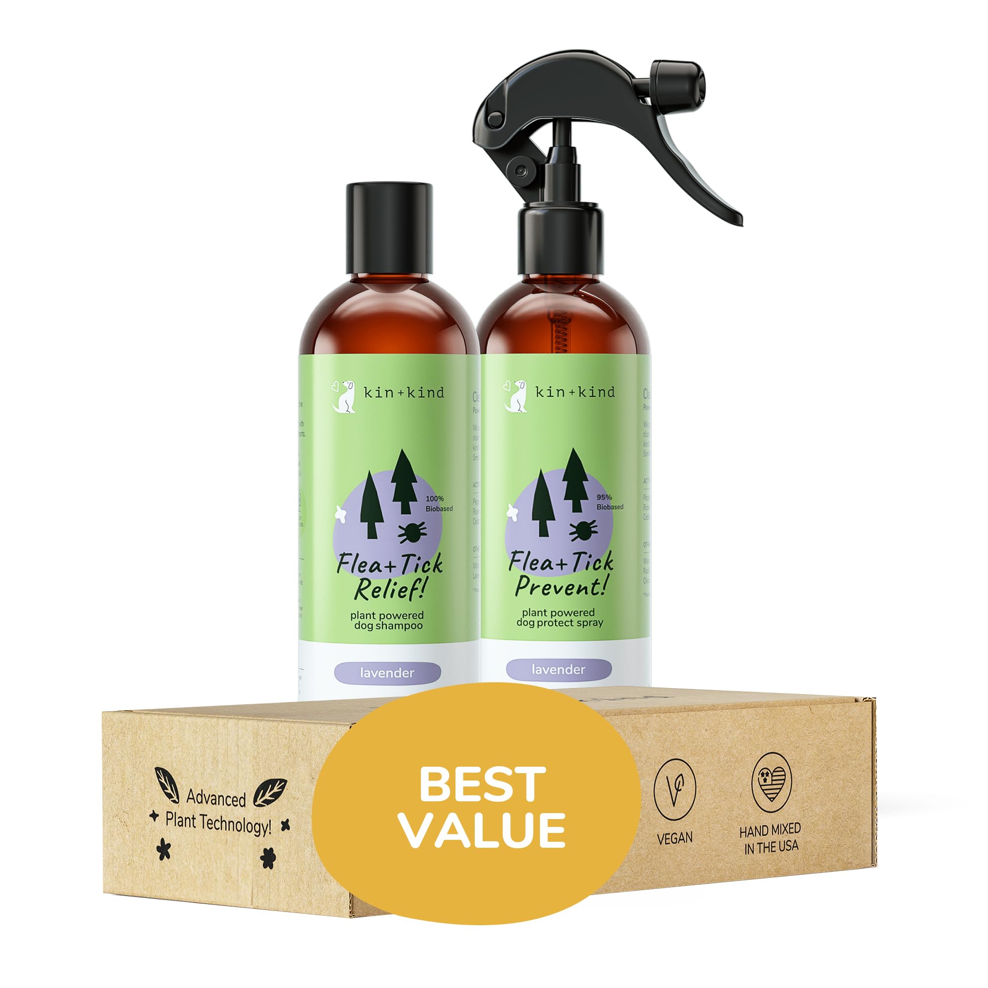 **Kin+Kind Flea and Tick Spray & Shampoo Kit for Dogs – Natural Lavender Scent, 12 oz Each – Flea & Tick Control & Repellent – Perfect for Bathing & Outdoor Protection**