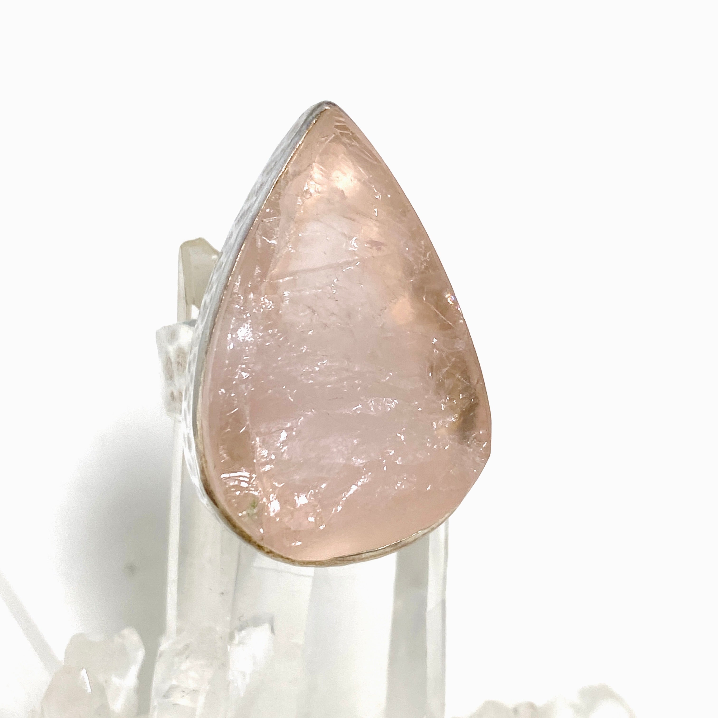 Rose Quartz Raw Teardrop Ring with Hammered Band - Size 9 (KRGJ1301) | Handmade Boho Jewelry for Women, Healing Crystal Gift for Meditation & Spiritual Wellness