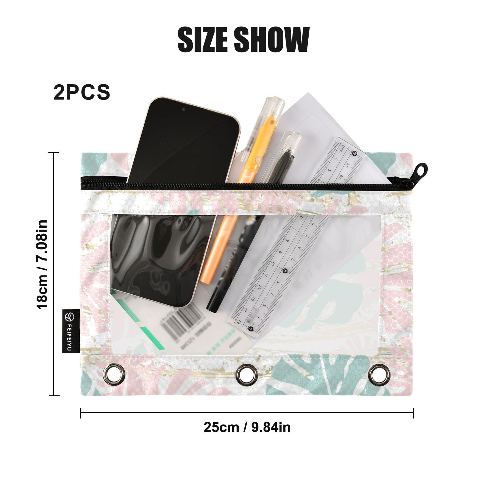 Gredecor 2-Pack Tropical Floral Pastel Pink & Mint Gold Zipper Pencil Pouch - 3-Ring Binder Organizer for School, Office, College Supplies | Clear Plastic Pencil Case for Binders, Notebooks & Backpack Organization