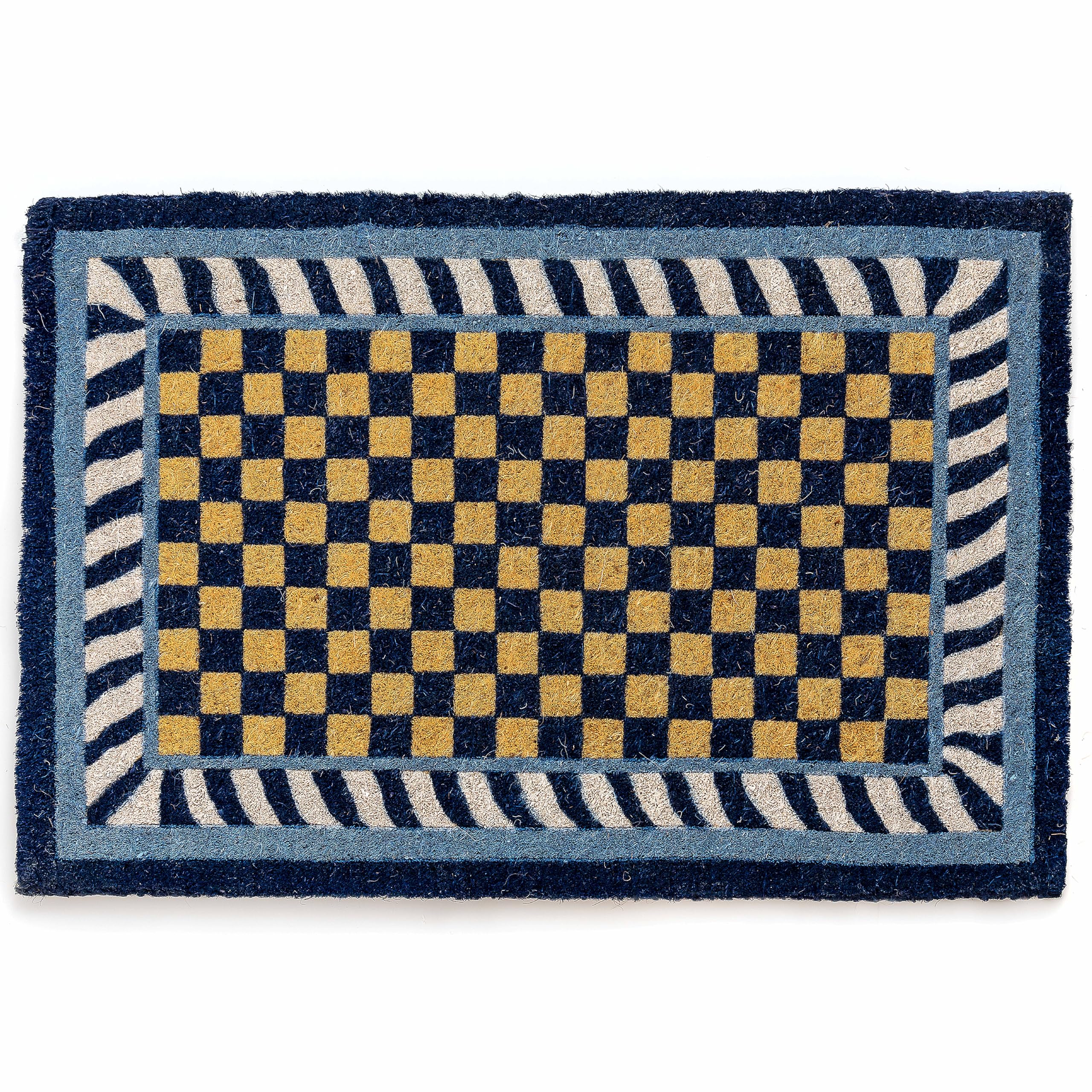 MACKENZIE-CHILDS Blue-and-White Royal Check Coir Doormat - Decorative Outdoor Front Door Entrance Mat for Home, Porch, Patio & Entryway - Non-Slip Welcome Mat for All Seasons