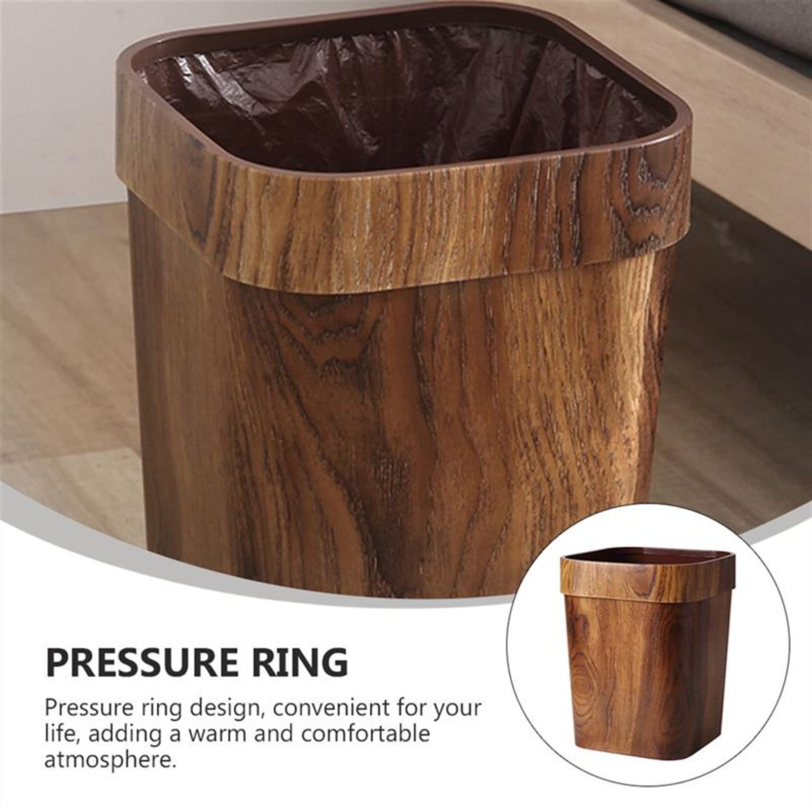 TOMYEUS 14L Retro Wood-Look Compost Bin - Large Square Kitchen & Office Trash Can with Step Pedal, Eco-Friendly Waste Container for Food Scraps, Recycling & Household Use - Perfect for Countertop, Pantry & Sustainable Living