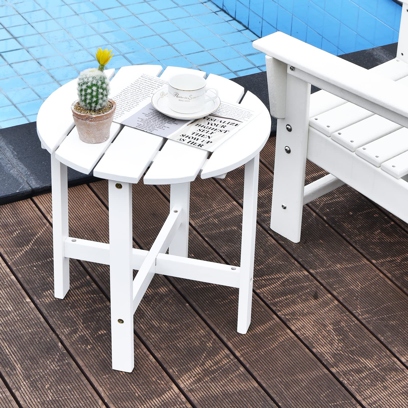 Giantex 18'' Round Outdoor Side Table - White Wooden Bistro Coffee Table with Stable Cruciform Base | Perfect for Garden, Patio, Balcony, Backyard & Living Room | Durable Small End Table for Coffee, Drinks & Outdoor Relaxation