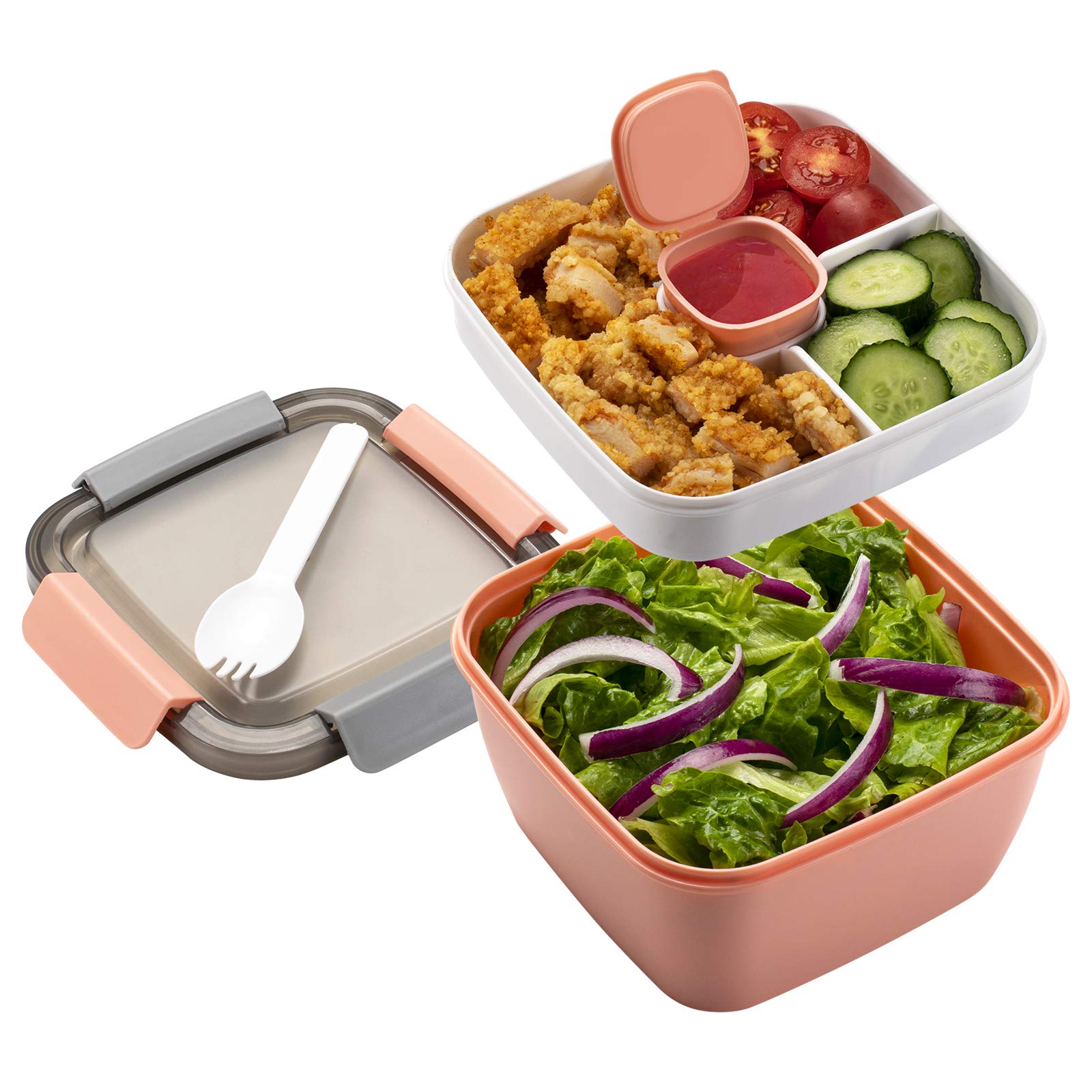 Freshmage 52-oz 3-Compartment Salad Lunch Container with Dressing Cup - Leakproof BPA-Free Meal Prep Bowls for Office, School & Picnic - Perfect for Salads, Snacks & Toppings (Pink)