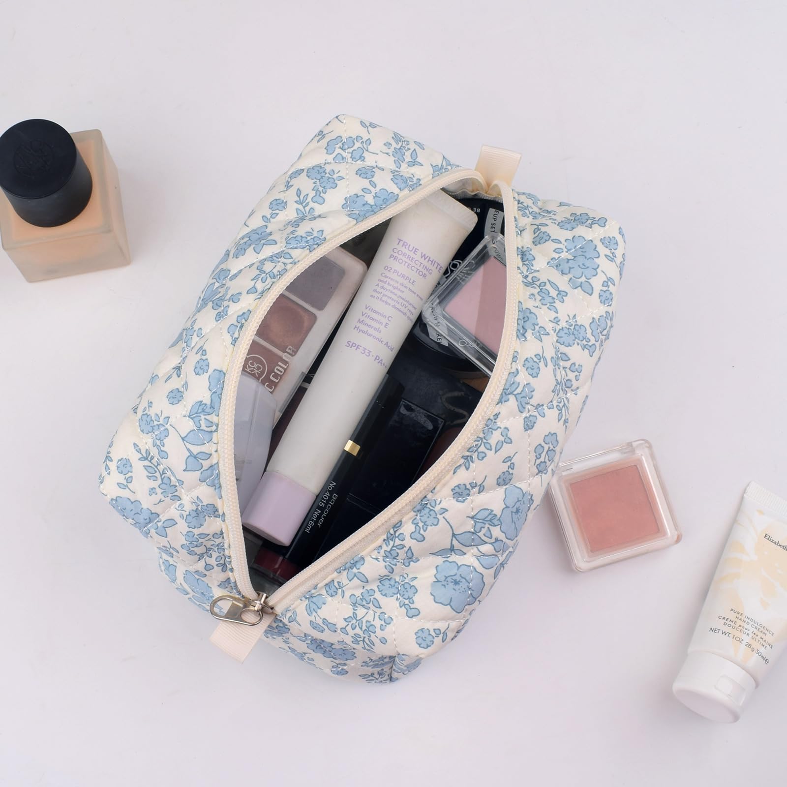 Quilted Floral Makeup Bag for Women - Small Travel Cosmetic Pouch with Cotton Lining for Brushes & Essentials | Perfect for Travel, Gym & Everyday Use
