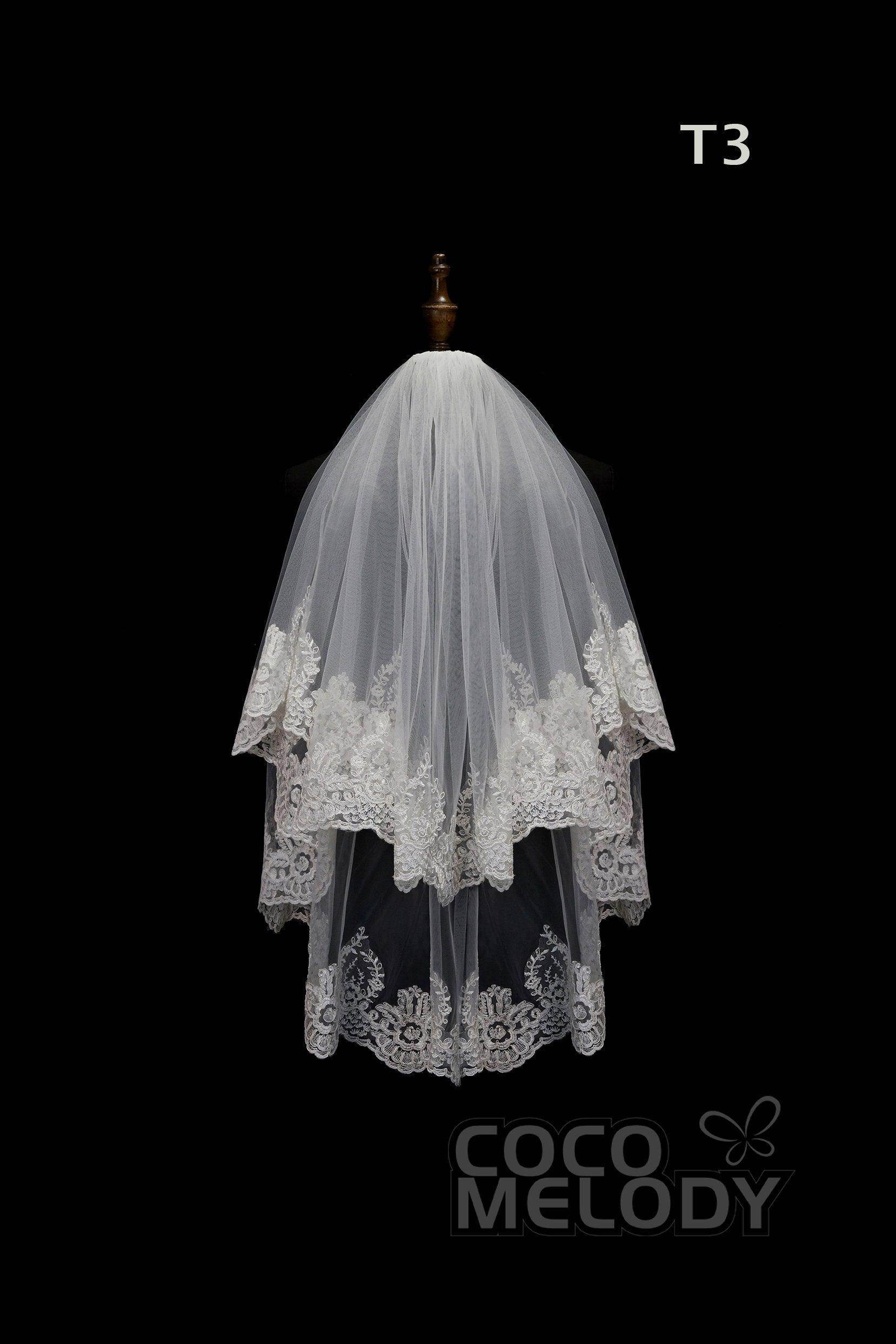 Elegant One-Tier Lace Edge Tulle Hip Veil with Appliques - Perfect for Weddings, Bridal Showers & Photo Shoots - AV180009
