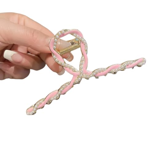 Sparkly Butterfly Hair Clips for Women - Non-Slip Strong Metal Jaw Clips, Cute Hair Claws with Chain (Pink) - Perfect for Updos, Ponytails & Everyday Hairstyles