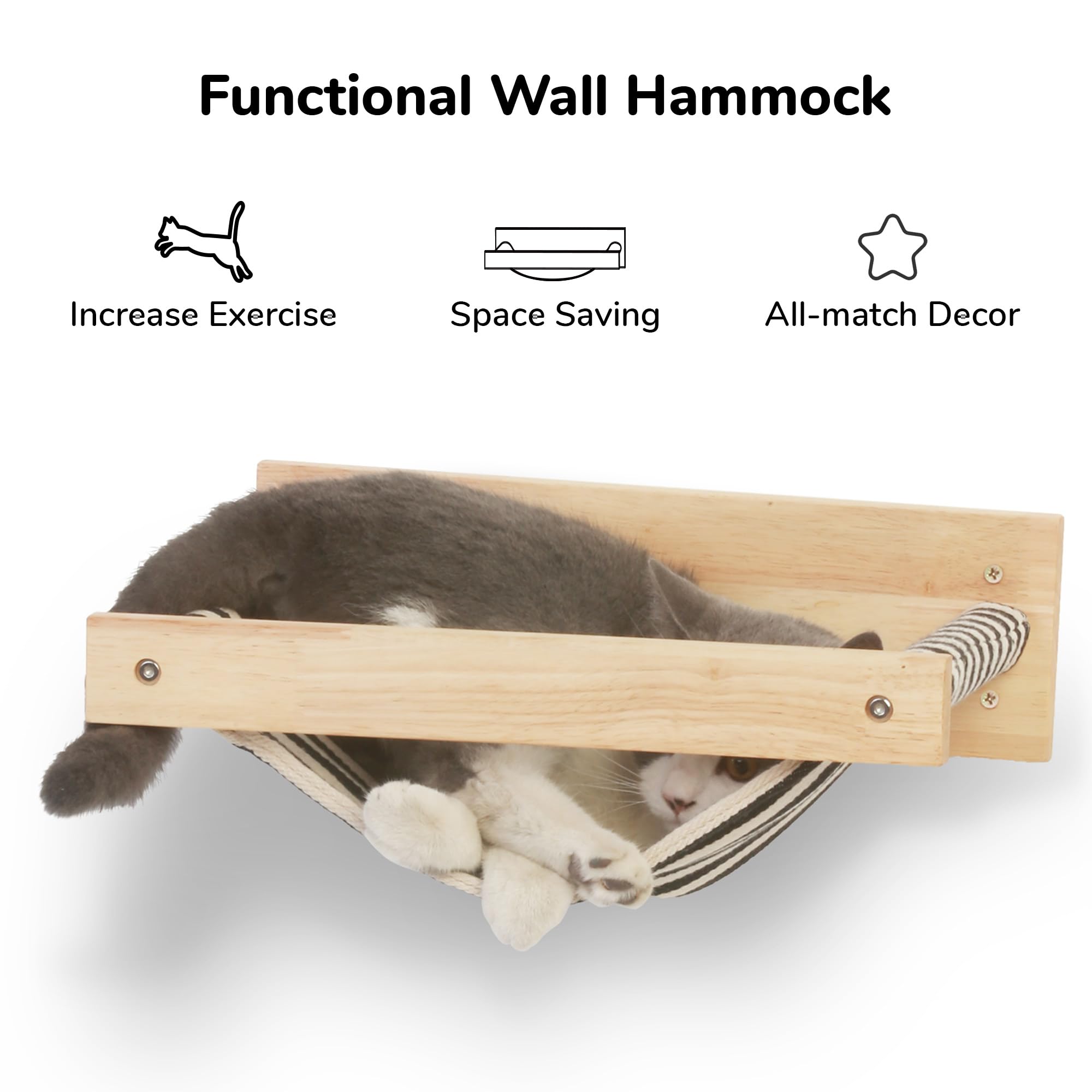 FUKUMARU Wall Mounted Cat Hammock Bed - Wooden Kitten Perch & Climbing Shelf for Sleeping, Playing, Lounging - Stable Cat Wall Furniture with Black Stripe Design - Perfect for Small Spaces & Multi-Cat Homes