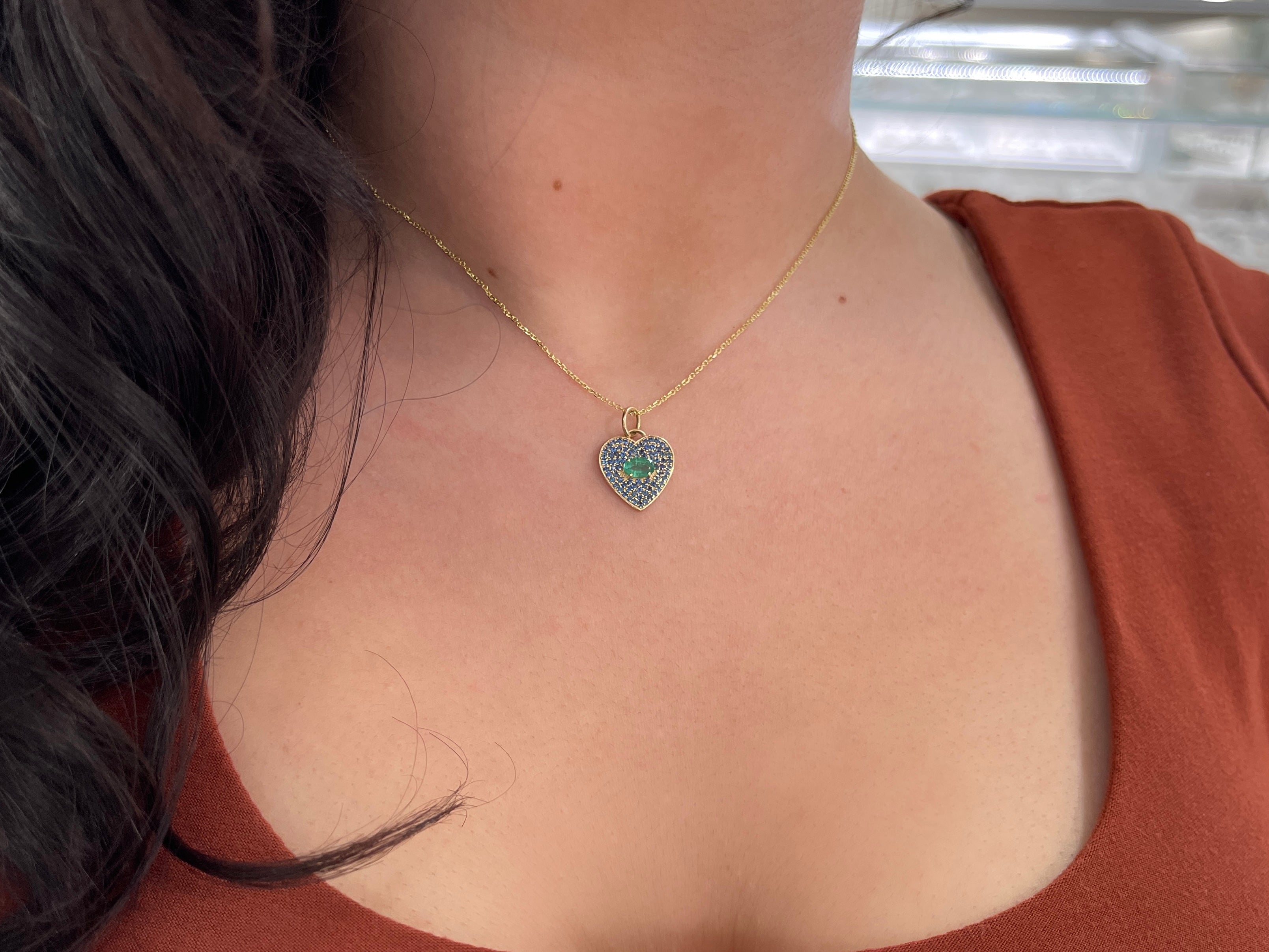 1.10tcw Genuine Emerald & Blue Sapphire Heart Charm Pendant in 14K Gold - Perfect for Valentine's Day Gifts, Anniversary Jewelry & Romantic Occasions