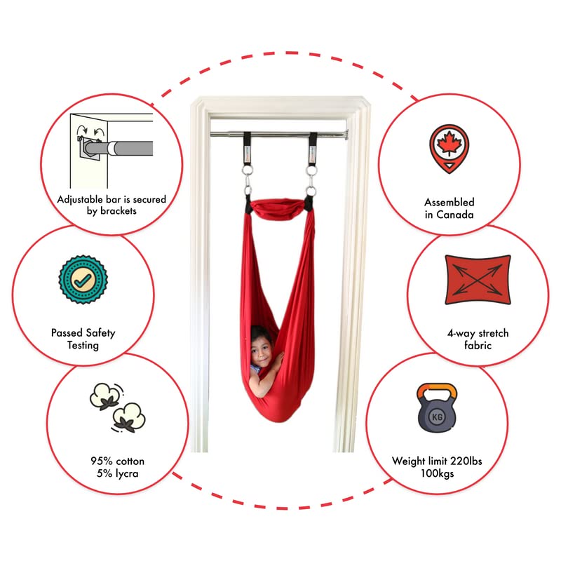 DreamGYM Doorway Sensory Swing Kit - Red Compression Swing & Trapeze Bar with Blue Gym Rings for Kids Indoor Play, Therapy, and Fitness Training - Perfect for Home, Classroom, and Occupational Therapy Use