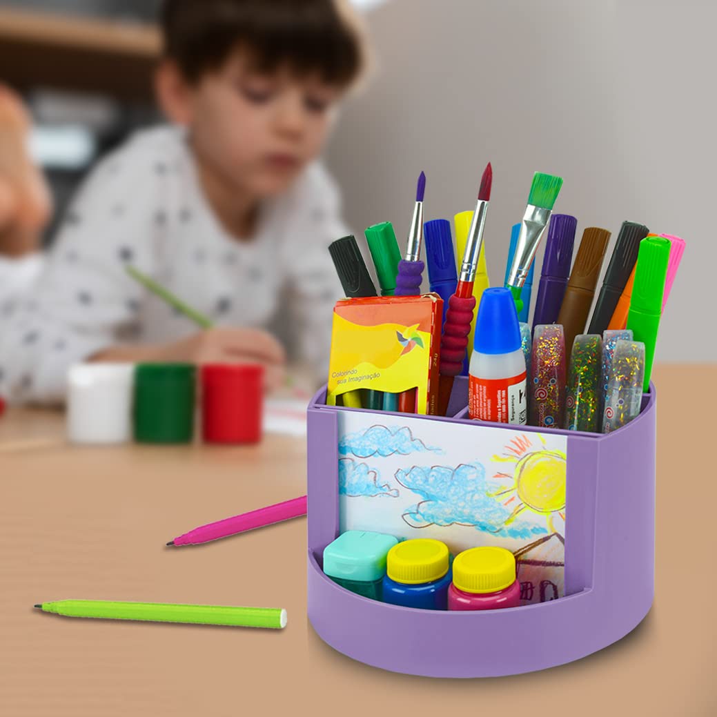Acrimet Compact Desktop Organizer - 4 Spacious Slots Round Pencil Holder with Photo Slot | Office Supplies, Art & Vanity Storage | Home & Desk Organization (Solid Purple Plastic) | Perfect for Pens, Makeup Brushes, Stationery & Family Photos