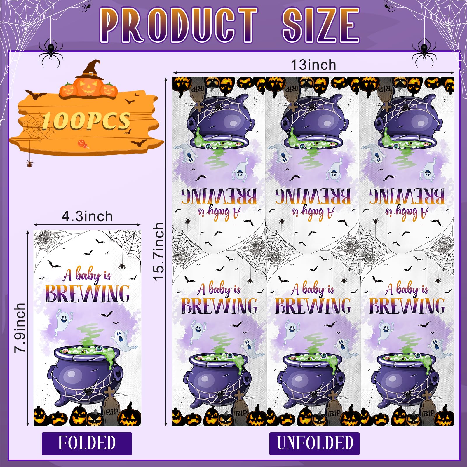 100 Pcs Halloween Baby Shower Napkins - 'A Baby is Brewing' Themed Disposable Paper Napkins for Gender Reveal Party Decorations | Perfect for Halloween Baby Shower, Gender Reveal Events & Themed Celebrations