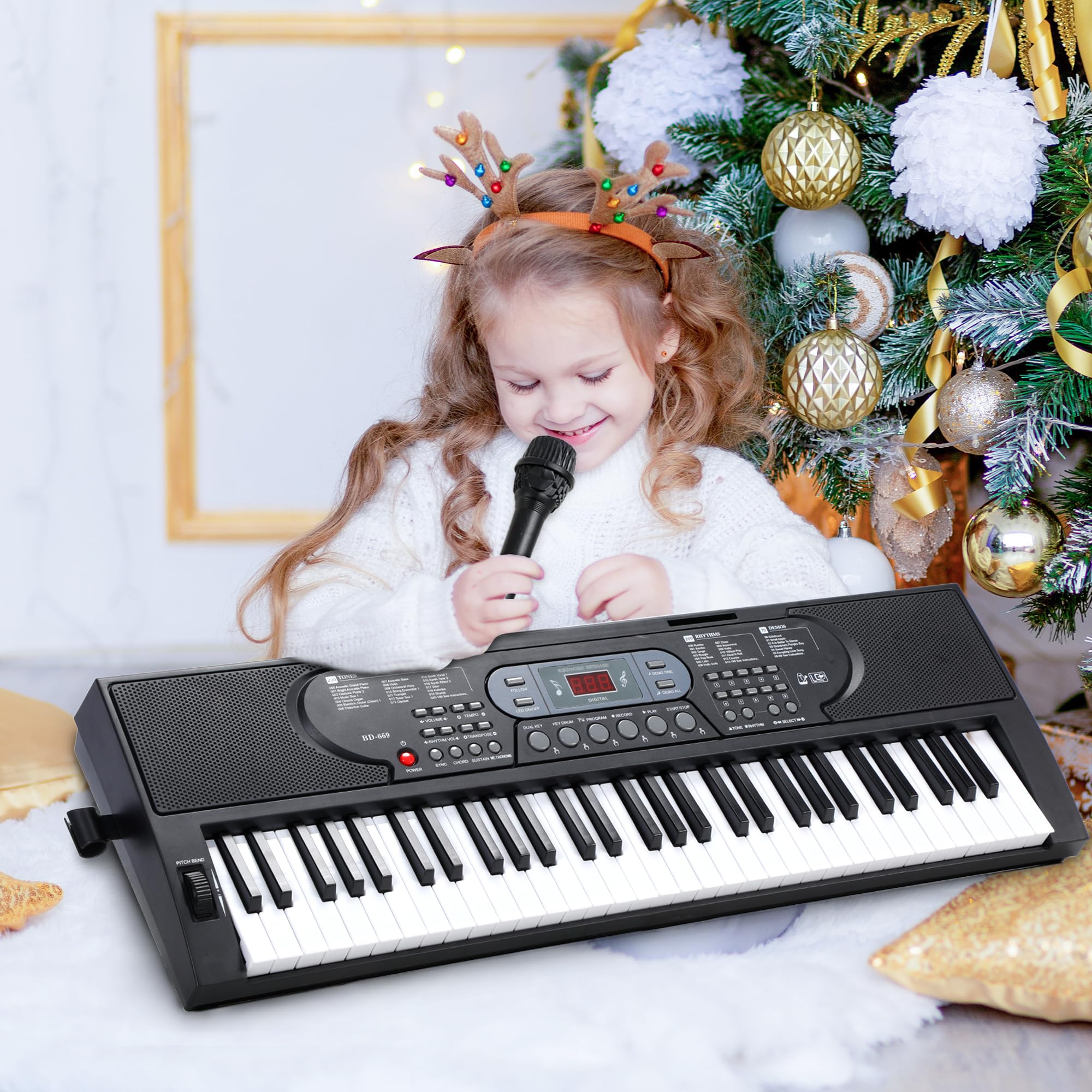 61-Key Electric Digital Piano Keyboard Set with Light-Up Keys, Speakers & Microphone - Foldable Stand & Bench Included - Perfect for Beginners Learning Piano at Home, School or Studio