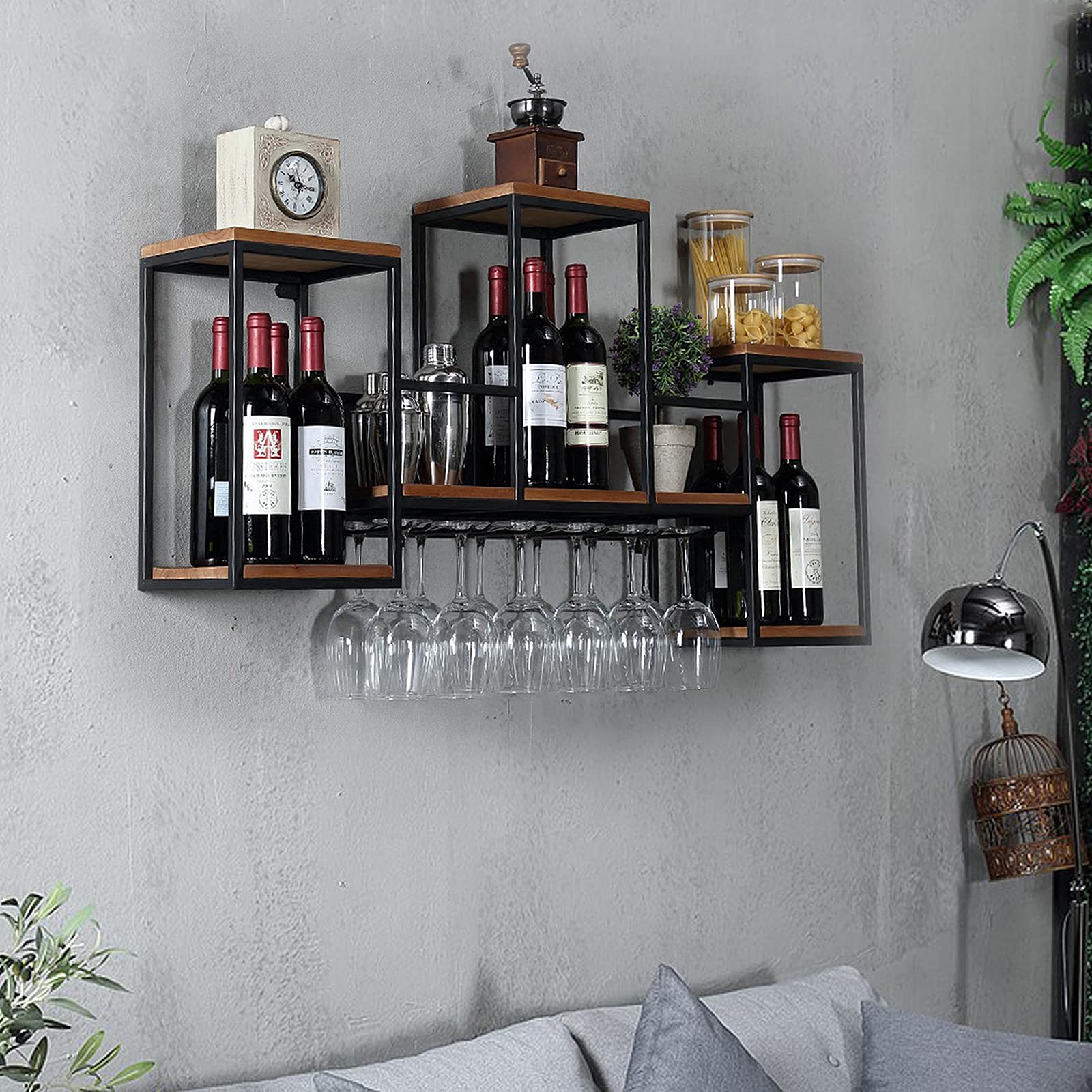 Metal & Wood Wall Mounted Wine Bottle Rack - Multi-Functional Wine Storage Display with Glass Holder for Home, Kitchen & Bar - Perfect for Organizing Wine Collections & Entertaining Guests