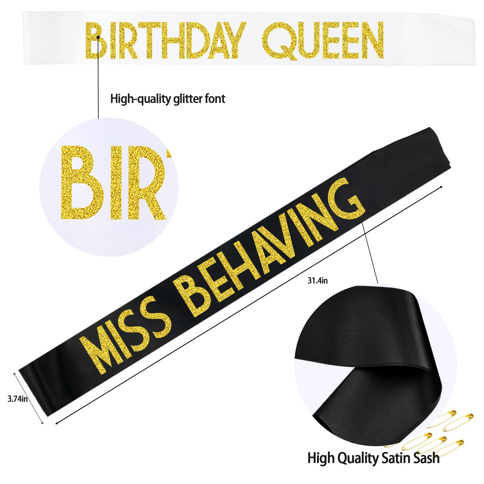 12 Pack Queen Sashes for Women - Birthday Party Squad Sash Set with Black, White & Gold Glitter Letters | Funny Bachelorette Party Gifts, Girls Night Out Accessories, Birthday Celebration Decorations