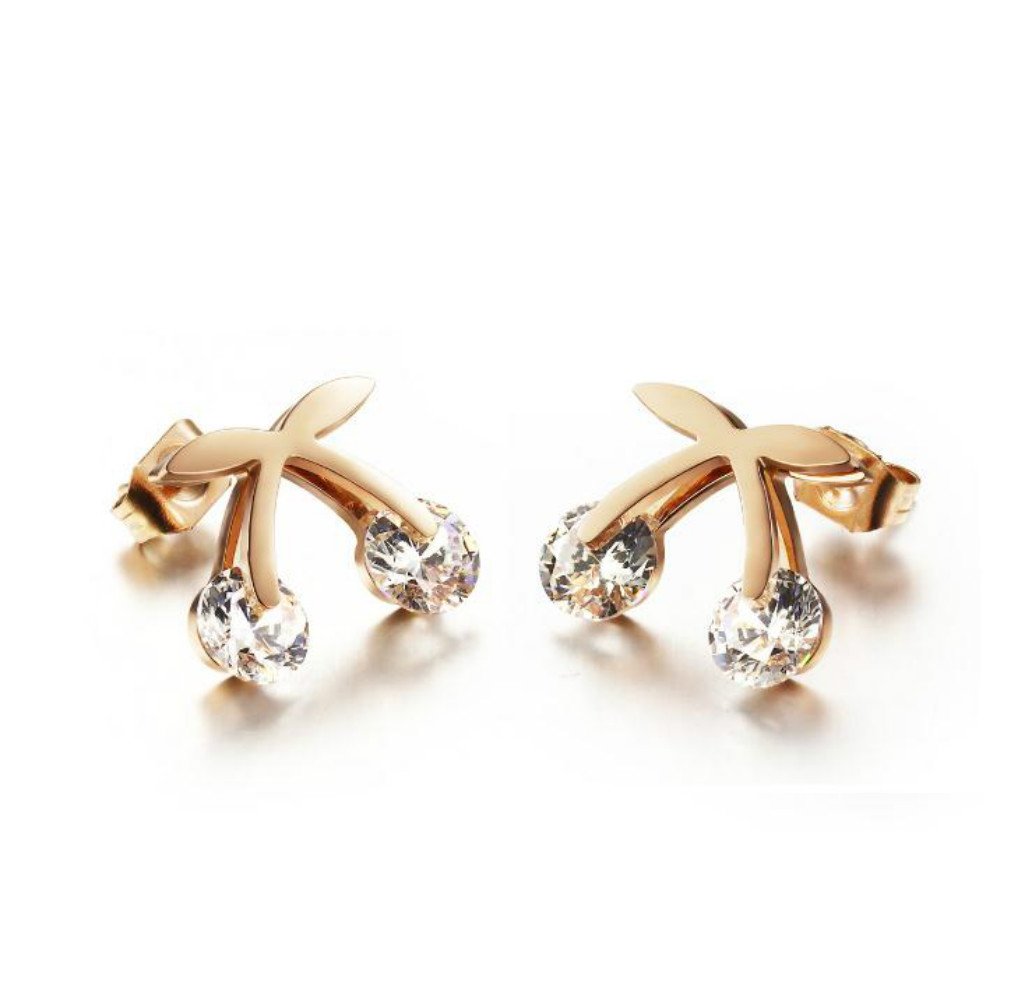 Stainless Steel Cherry Stud Earrings with Zircon - Elegant Fashion Jewelry for Women, Perfect for Parties, Weddings & Everyday Wear