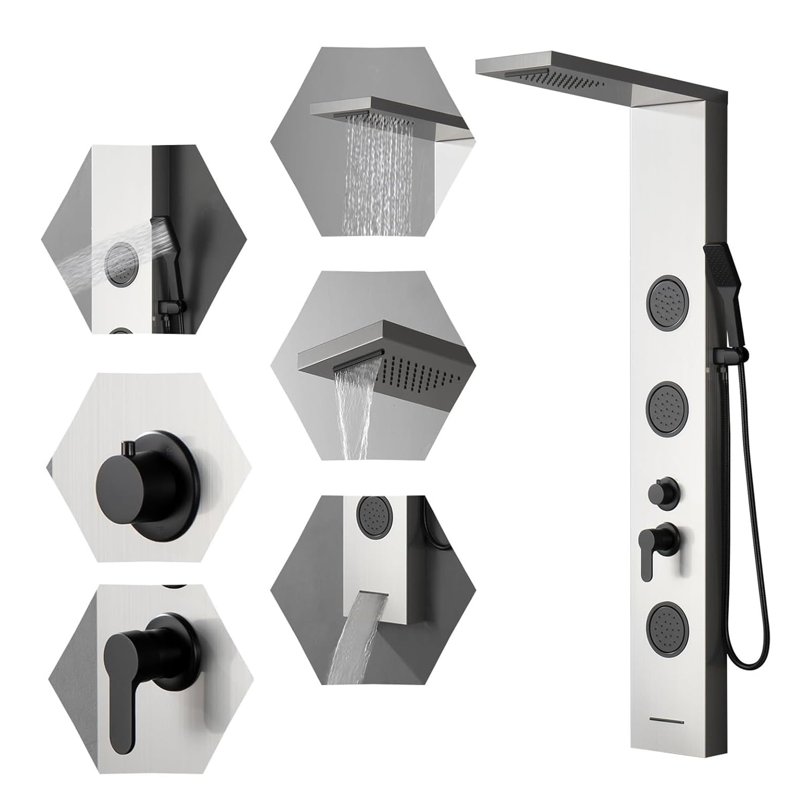 BWE 5-in-1 Shower Panel System with Rainfall Shower Head, Waterfall & Body Jets - Brushed Nickel & Black Tower for Luxurious Spa Experience - Perfect for Master Bathroom Renovation & Modern Home Upgrade