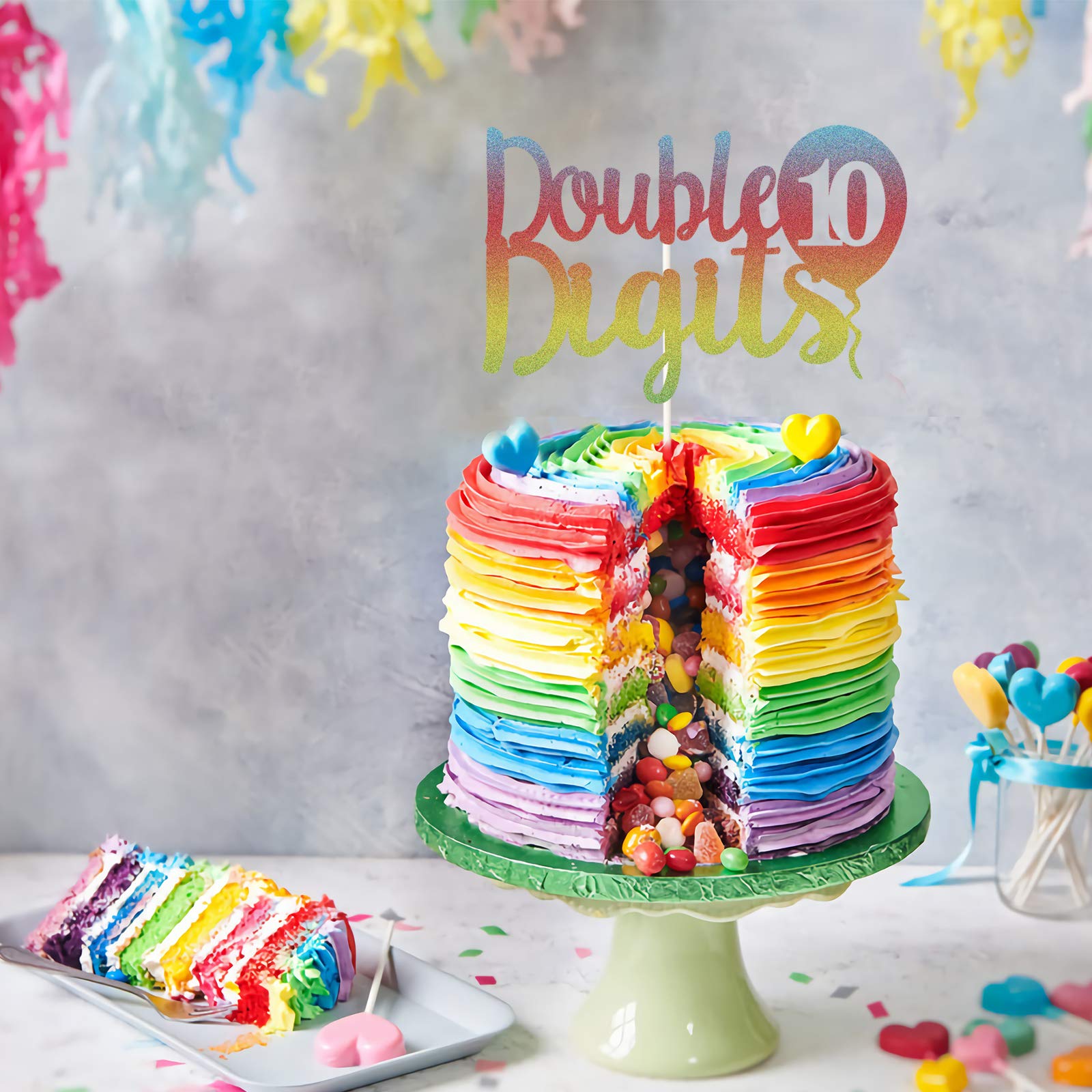 10th Birthday Cake Topper - Rainbow Glitter Double Digits Cake Decorations | 10 Year Old Balloon & Anniversary Party Supplies for Milestone Celebrations