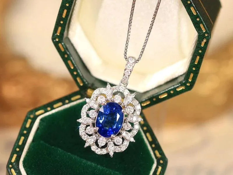 18K White Gold Blue Sapphire Pendant Necklace for Women - Natural Gemstone Diamond Jewelry, Classic & Elegant Gift for Birthday, Anniversary & Special Occasions