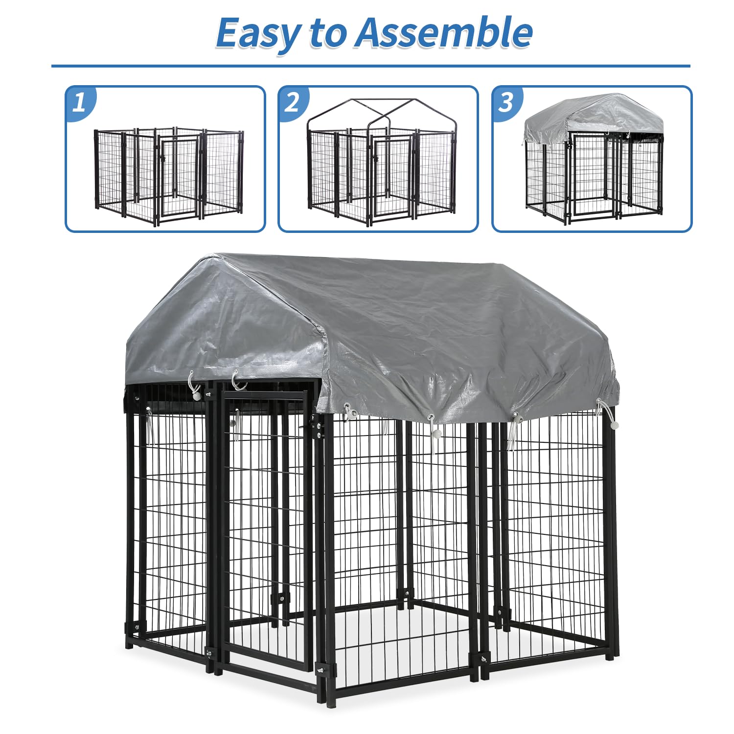 4x4x4.3FT Large Outdoor Dog Kennel with Roof - Heavy Duty Wire Dog Crate, Puppy Playpen & Weatherproof Fence with UV Protection Cover | Perfect for Backyard, Patio & Camping Use