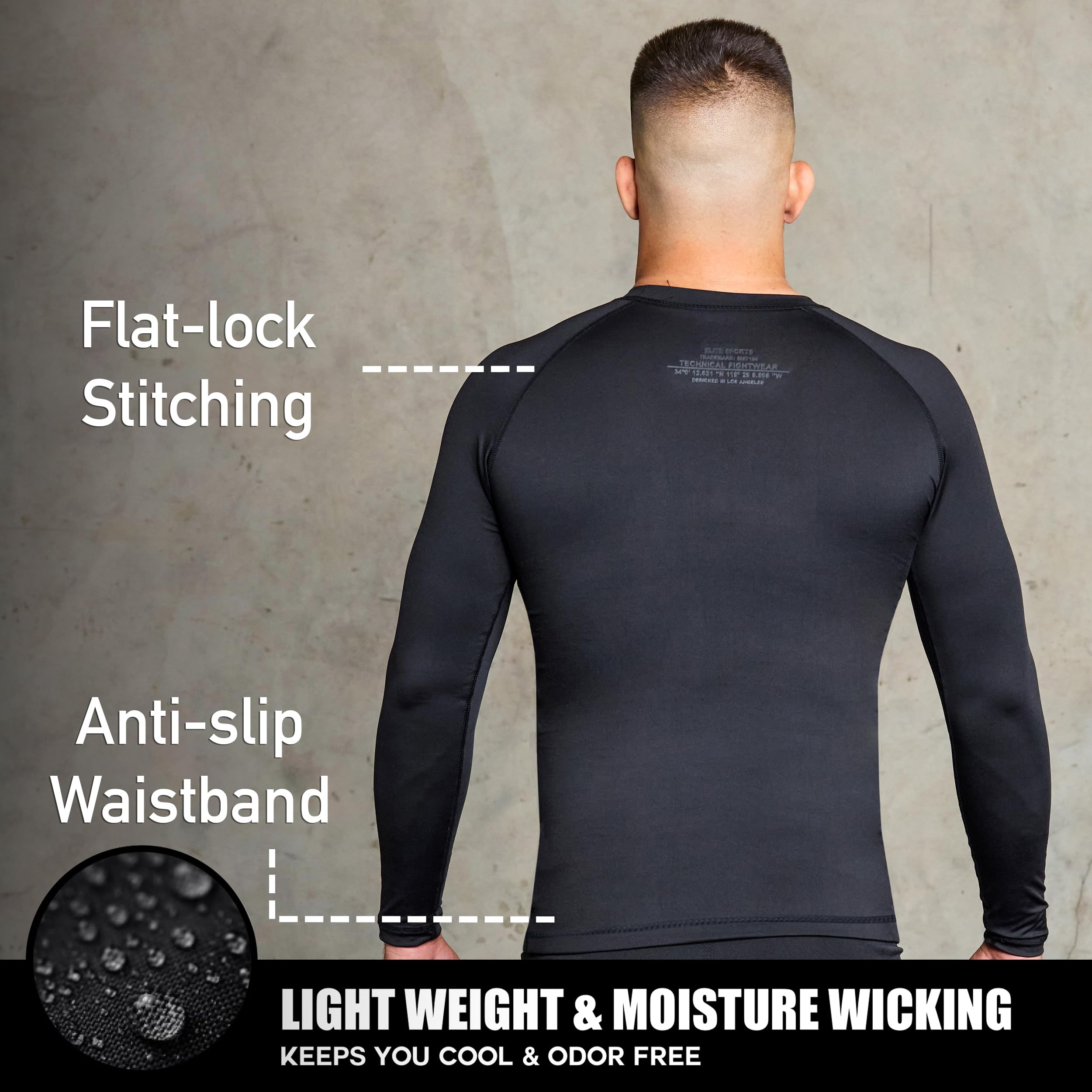 Elite Sports Men's Jiu Jitsu BJJ Rash Guard - Long Sleeve Compression Shirt for MMA, No-Gi Training & Brazilian Jiu-Jitsu - Moisture Wicking & Quick Dry Fabric for Combat Sports & Fitness Workouts