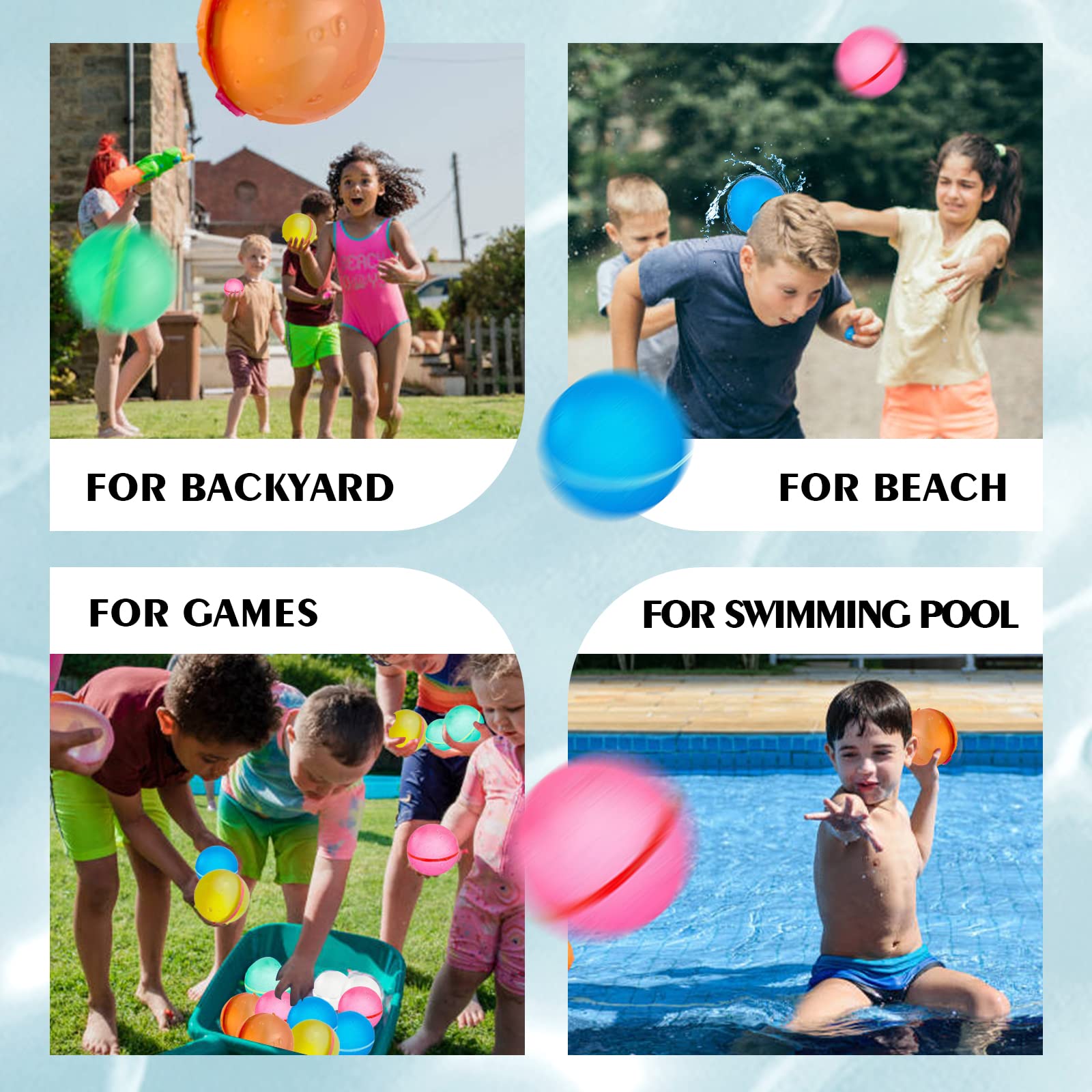 Refillable Reusable Water Balloons - Quick Fill Self-Sealing Soft Silicone Splash Balls for Kids Ages 3+ | Fun Outdoor Water Fight Games, Summer Pool & Beach Toys | Perfect for Backyard Parties, Picnics, and Family Gatherings