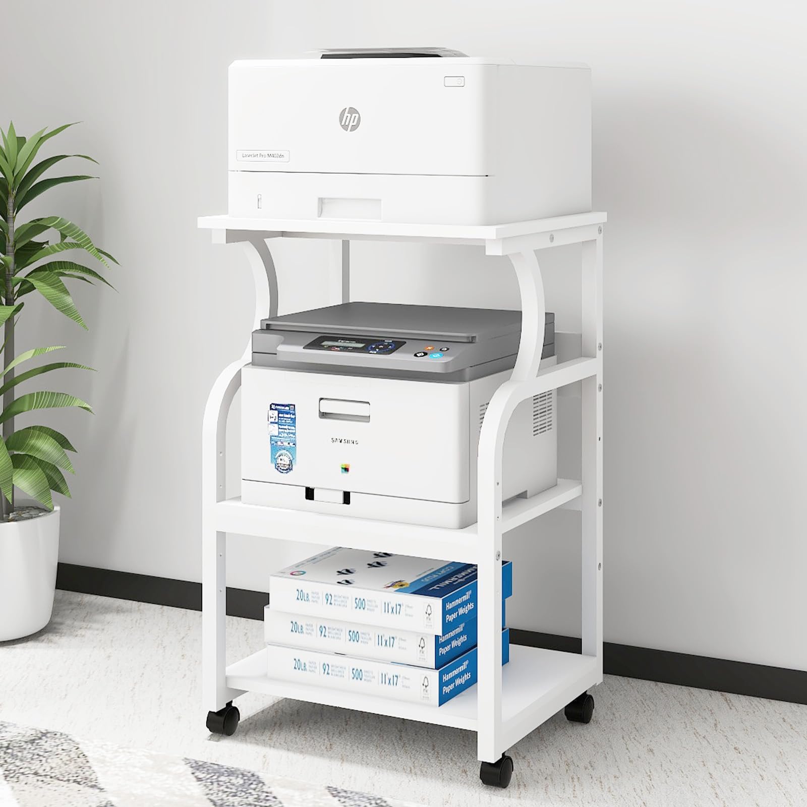 Natwind 3-Tier Adjustable Rolling Printer Stand with Storage Shelf - Mobile Printer Cart with Wheels for Home Office, Heat Press & 3D Printer Organization - Perfect for Small Spaces & Craft Rooms (White)