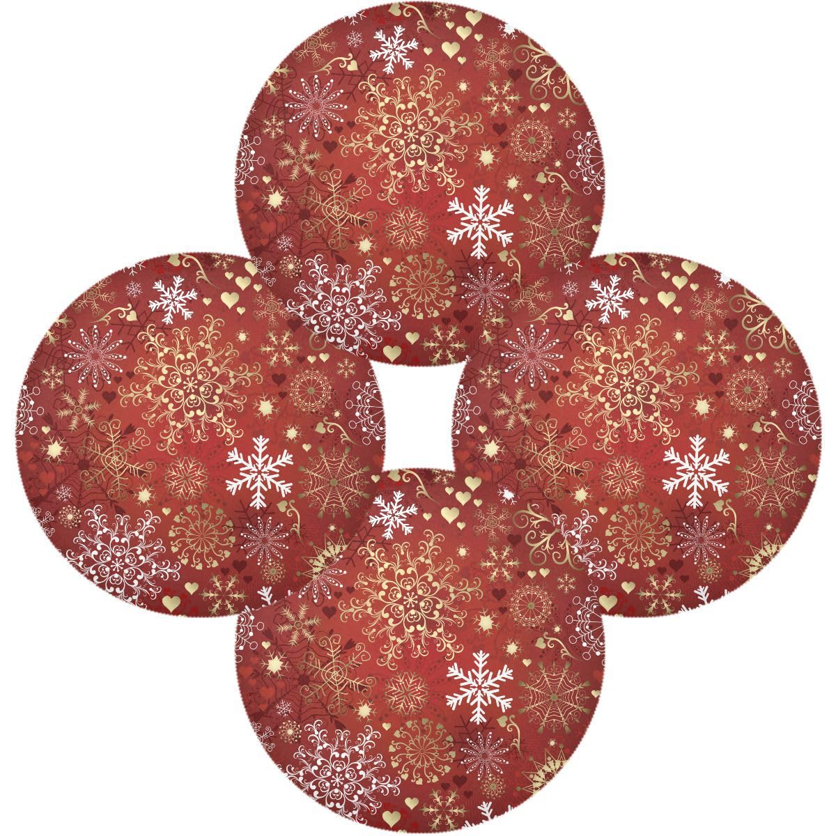 4 Pack Red and Gold Snow Christmas Round Placemats - Washable Farmhouse Style Dining Table Mats for Kitchen, Indoor & Outdoor Use - Perfect for Holiday Parties, Family Gatherings and Festive Decorations