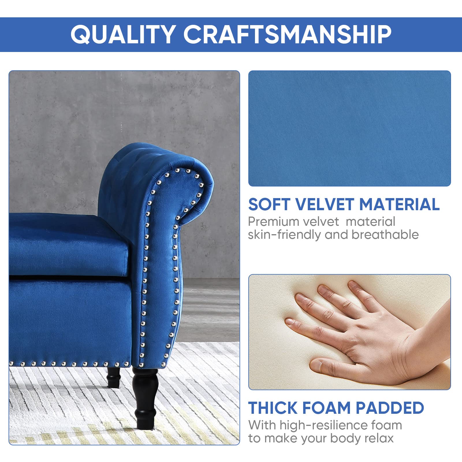 Mid Century Velvet Storage Ottoman Bench with Tufted Upholstery & Toss Pillow - Small Foot of Bed Bench for Bedroom, Entryway, Hallway & Living Room - Perfect for Extra Seating & Hidden Storage (Blue)