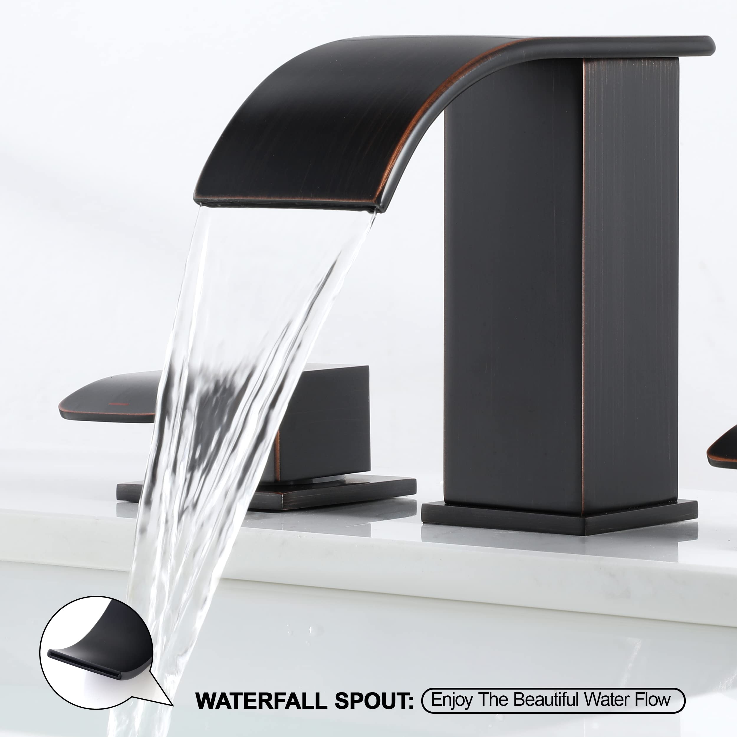 Oil-Rubbed Bronze Waterfall Bathroom Faucet - 8 Inch Widespread 3-Hole Bathroom Sink Faucet with 2 Handles, Modern Vanity Faucet with cUPC Supply Lines - Perfect for Contemporary Bathrooms, Guest Suites, and Luxury Home Renovations