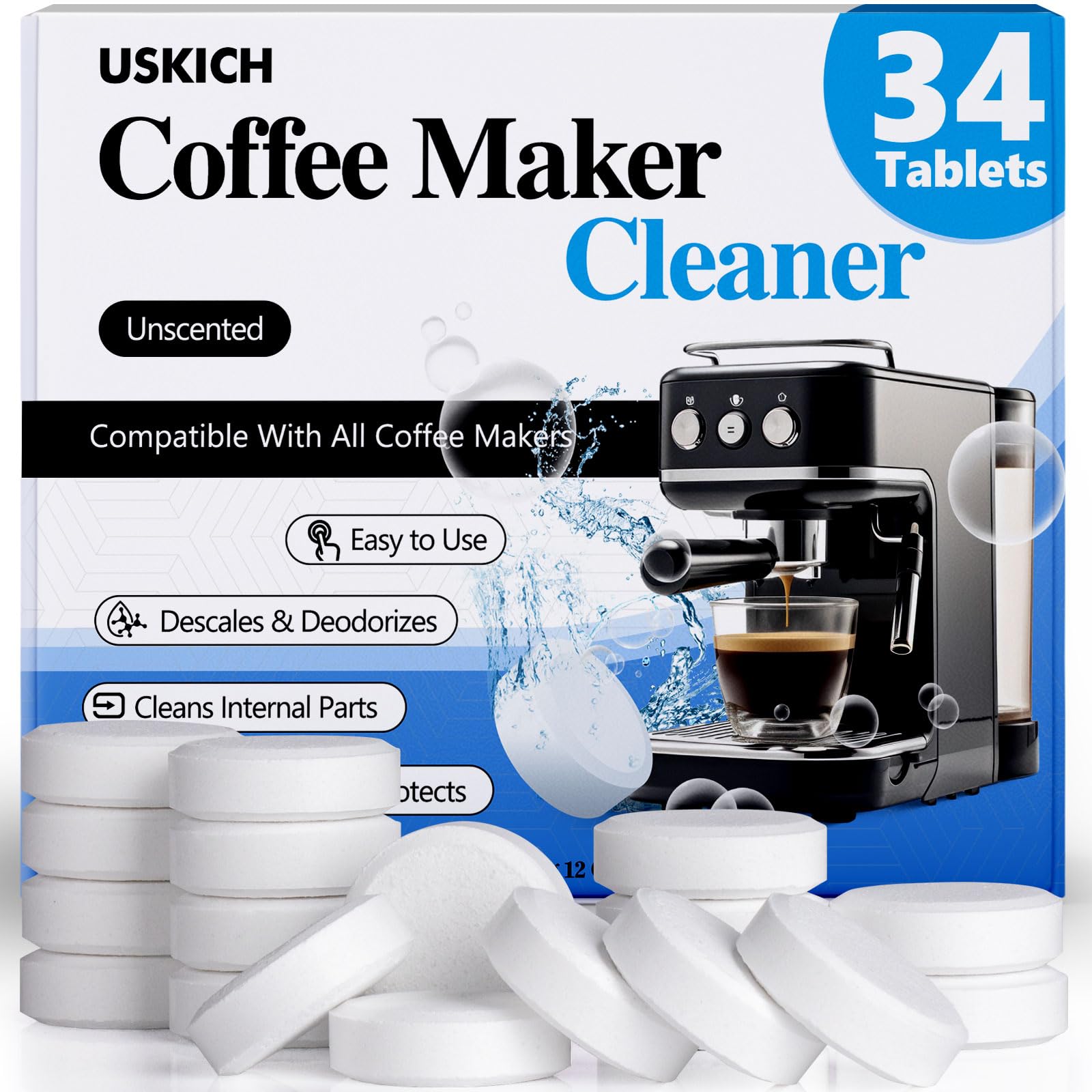 Premium Coffee Machine Cleaner & Descaler Tablets - 34 Pack | Compatible with Keurig, Ninja, Breville, DeLonghi, Nespresso, Miele & Espresso Machines | Deep Cleaning & Descaling Solution for Coffee Pots & Makers | Perfect for Home, Office & Commercial Use