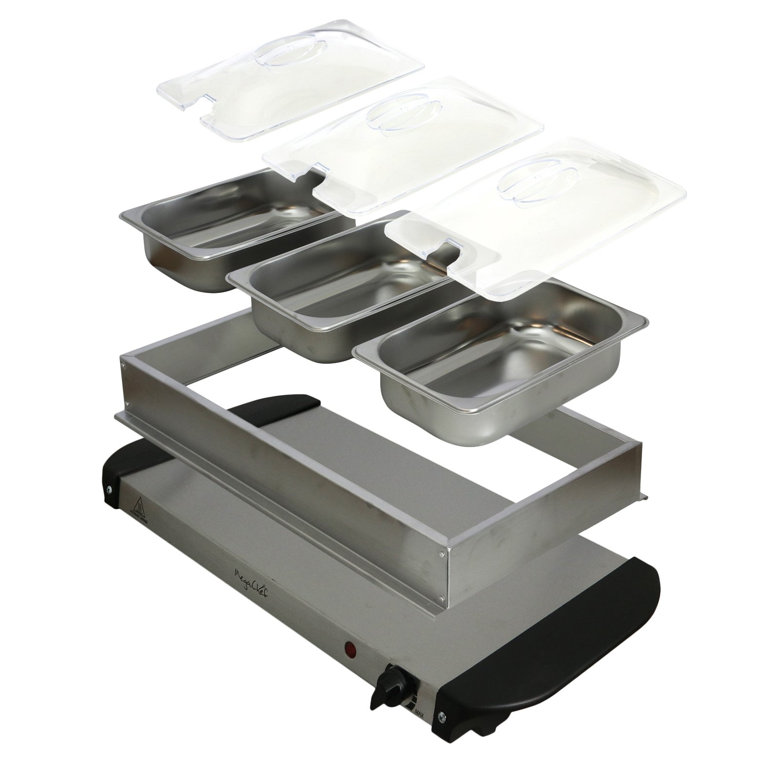 MegaChef Stainless Steel 3-Section Buffet Server with Lid - Food Warmer & Serving Tray for Parties, Catering & Home Entertaining - Easy to Clean Commercial Grade Buffet Set