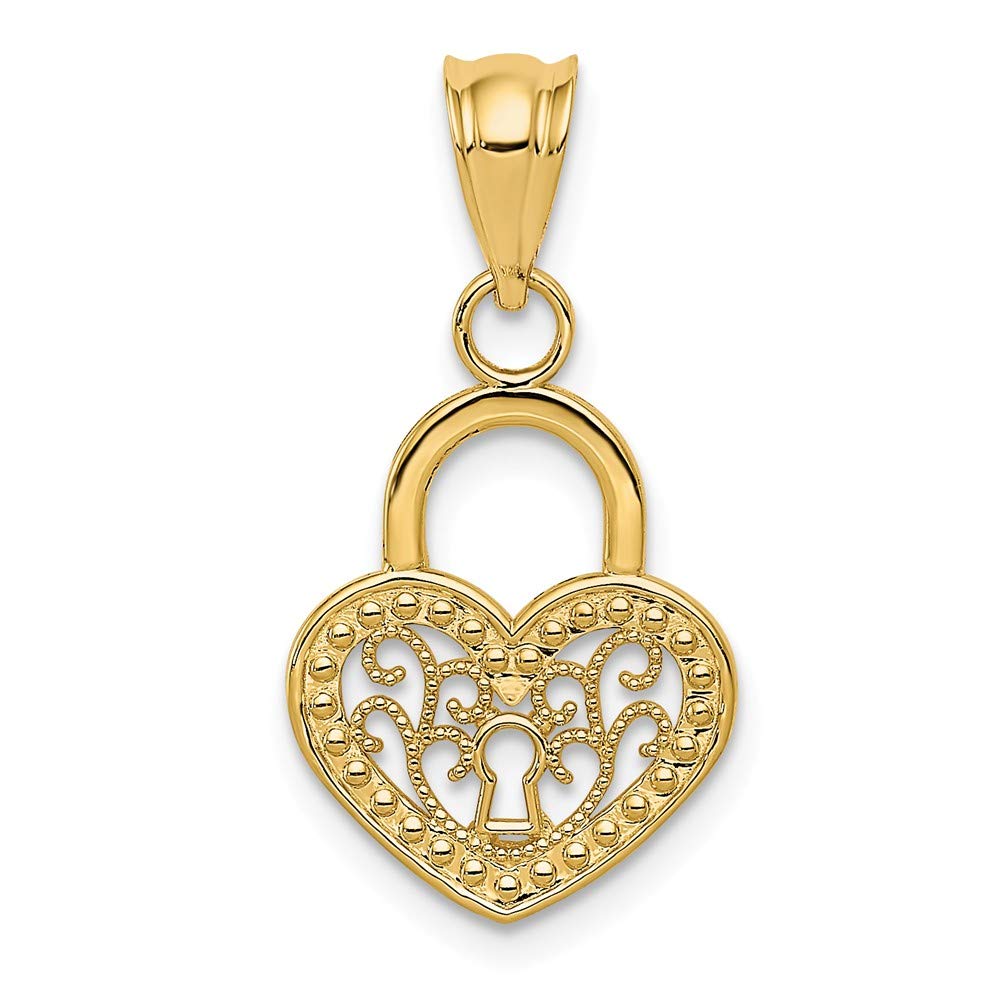 14K Solid Yellow Gold Filigree Heart Lock Pendant Necklace - Elegant Jewelry Gift for Women, Perfect for Valentine's Day, Anniversary & Special Occasions